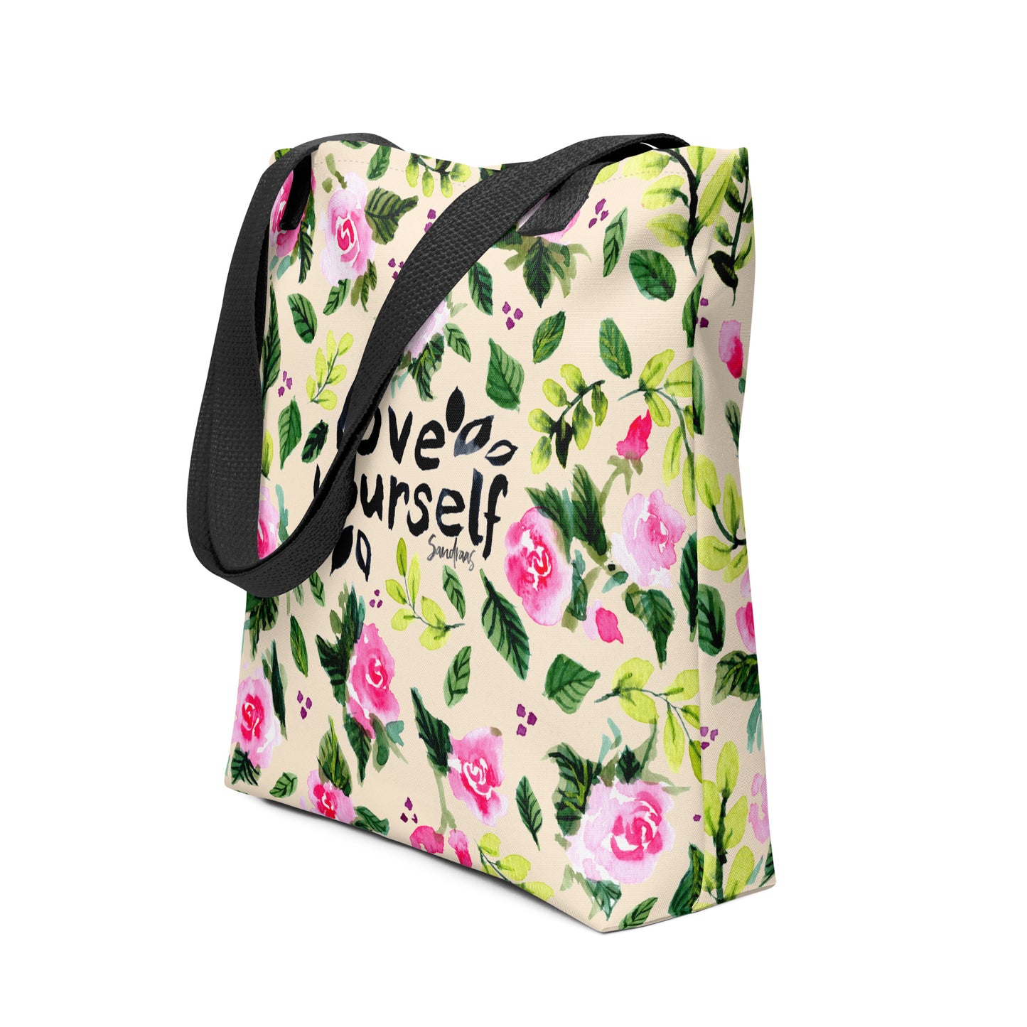 💛 “Love Yourself” Watercolor Floral Tote Bag – Soft Yellow Edition 🌿 - SANDRAAS