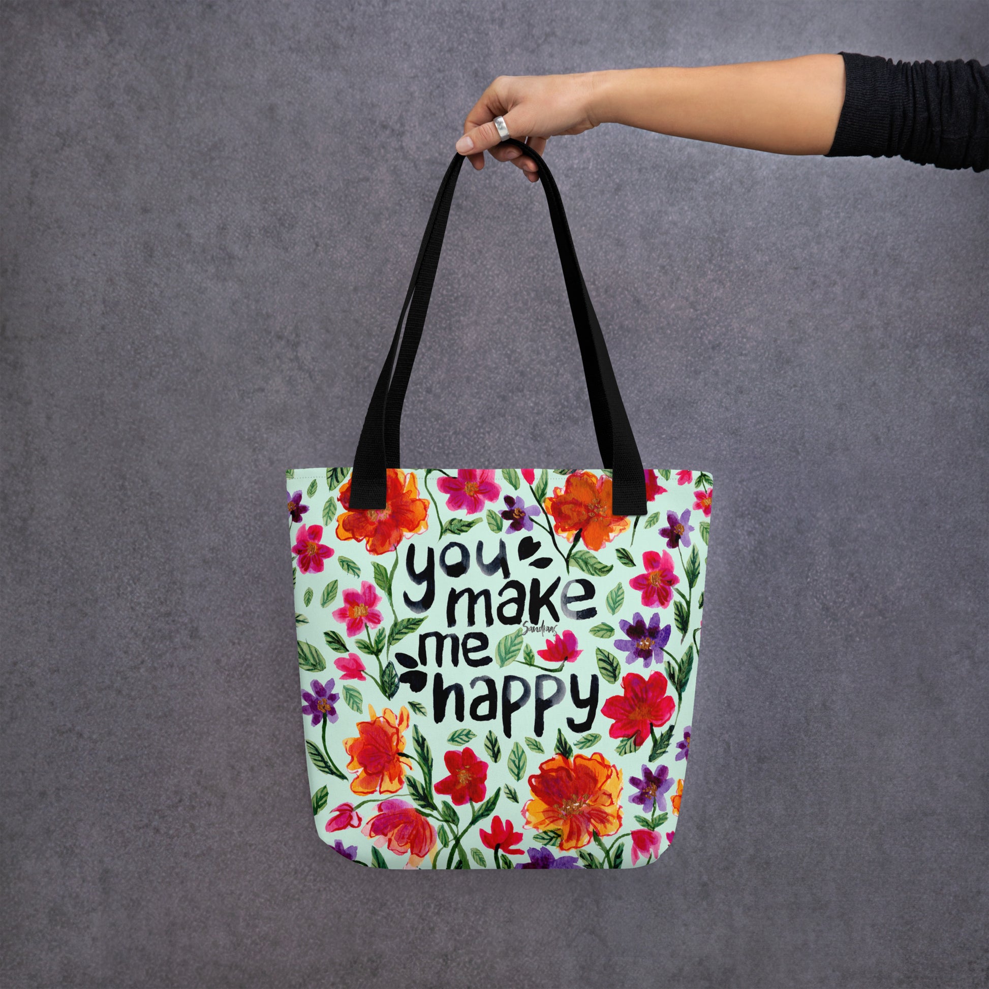 👜 "You Make Me Happy" Watercolor Floral Tote Bag – Light Blue Edition 💙 - SANDRAAS