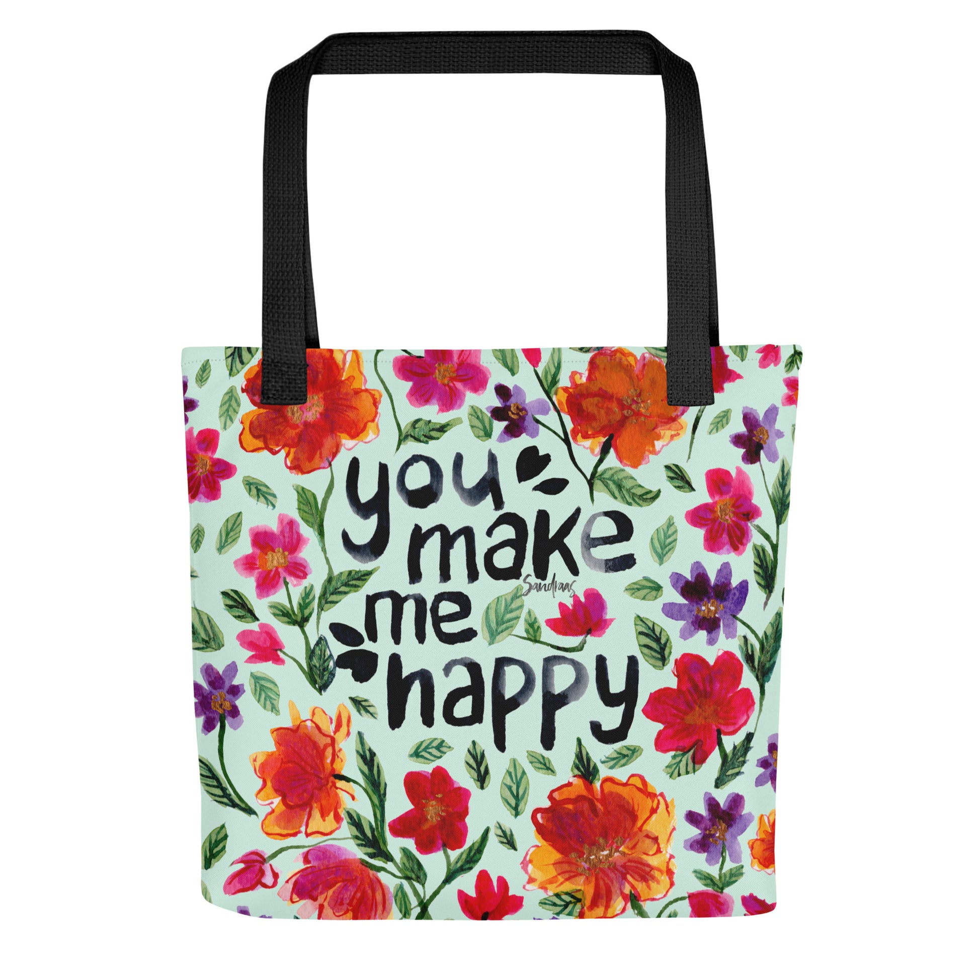 👜 "You Make Me Happy" Watercolor Floral Tote Bag – Light Blue Edition 💙 - SANDRAAS