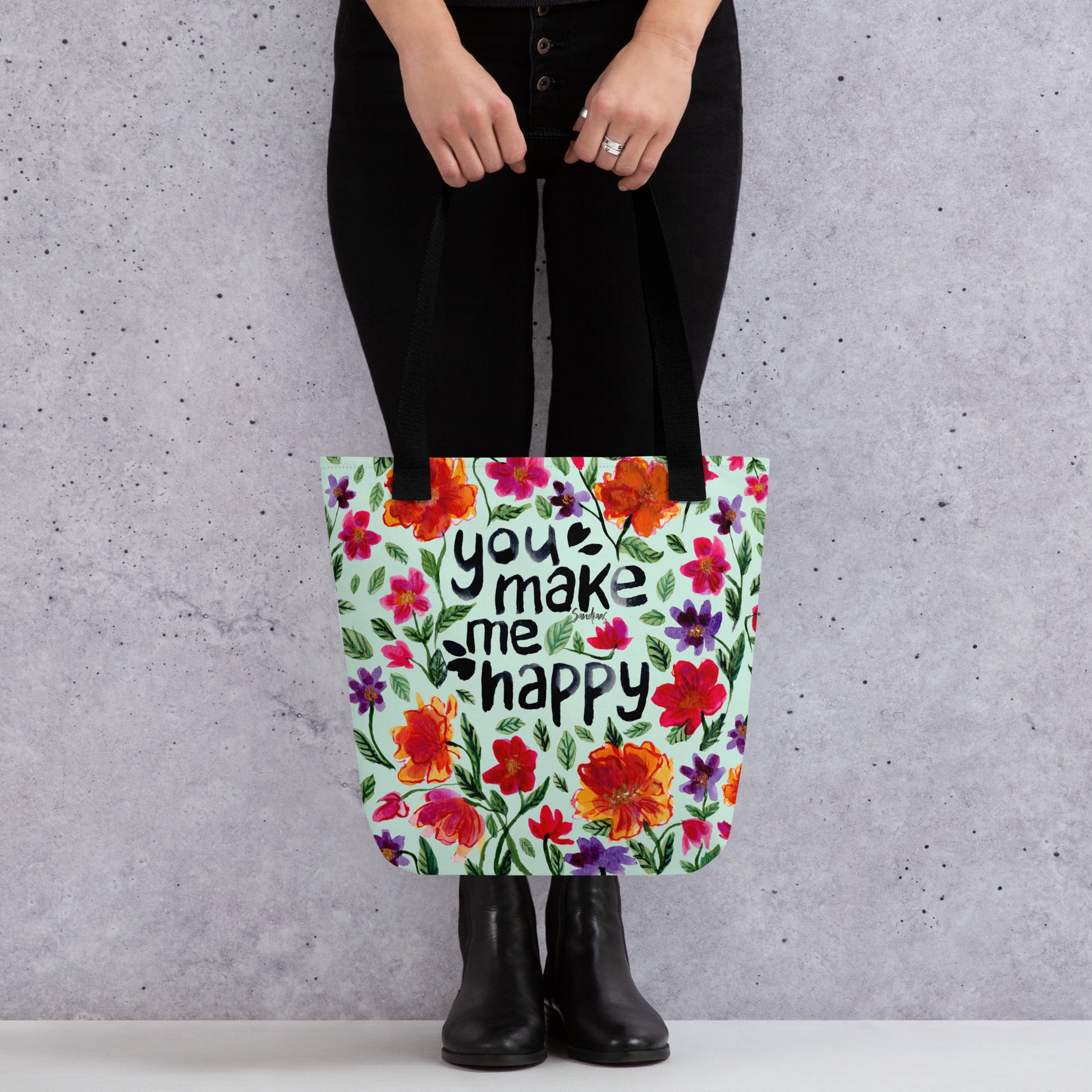 👜 "You Make Me Happy" Watercolor Floral Tote Bag – Light Blue Edition 💙 - SANDRAAS
