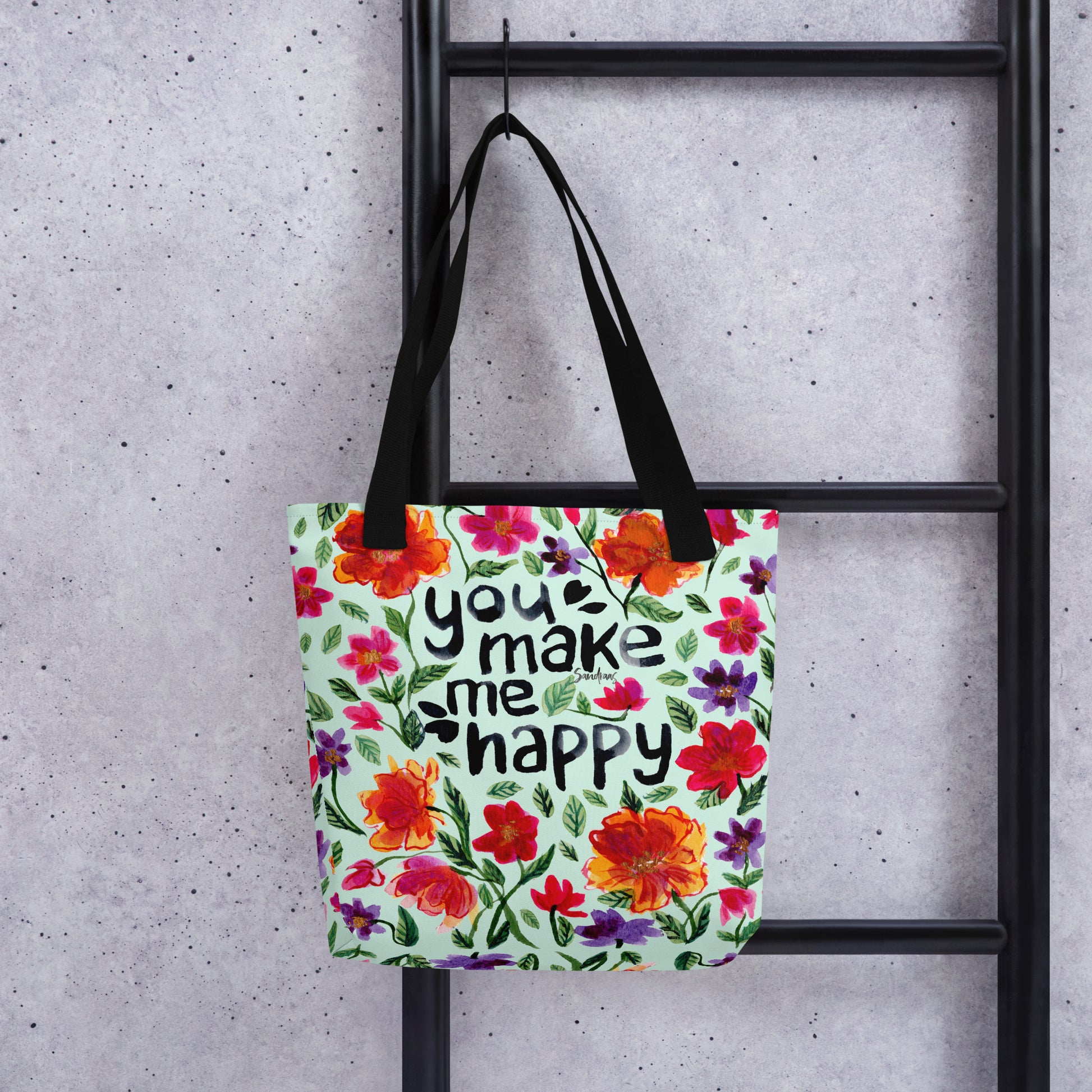👜 "You Make Me Happy" Watercolor Floral Tote Bag – Light Blue Edition 💙 - SANDRAAS