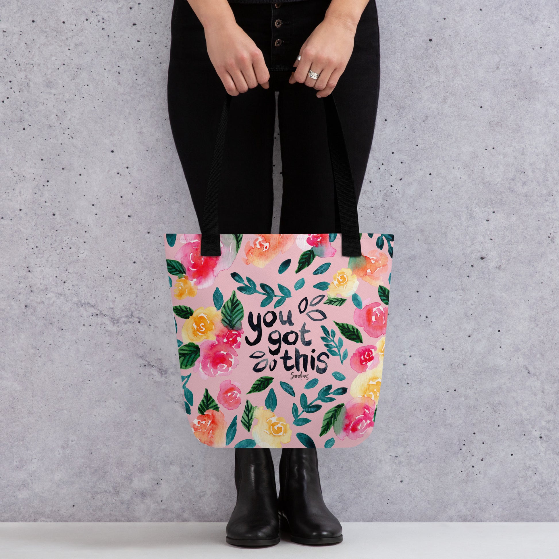🌸 “You Got This” Watercolor Floral Tote Bag – Pink Edition 💪 - SANDRAAS