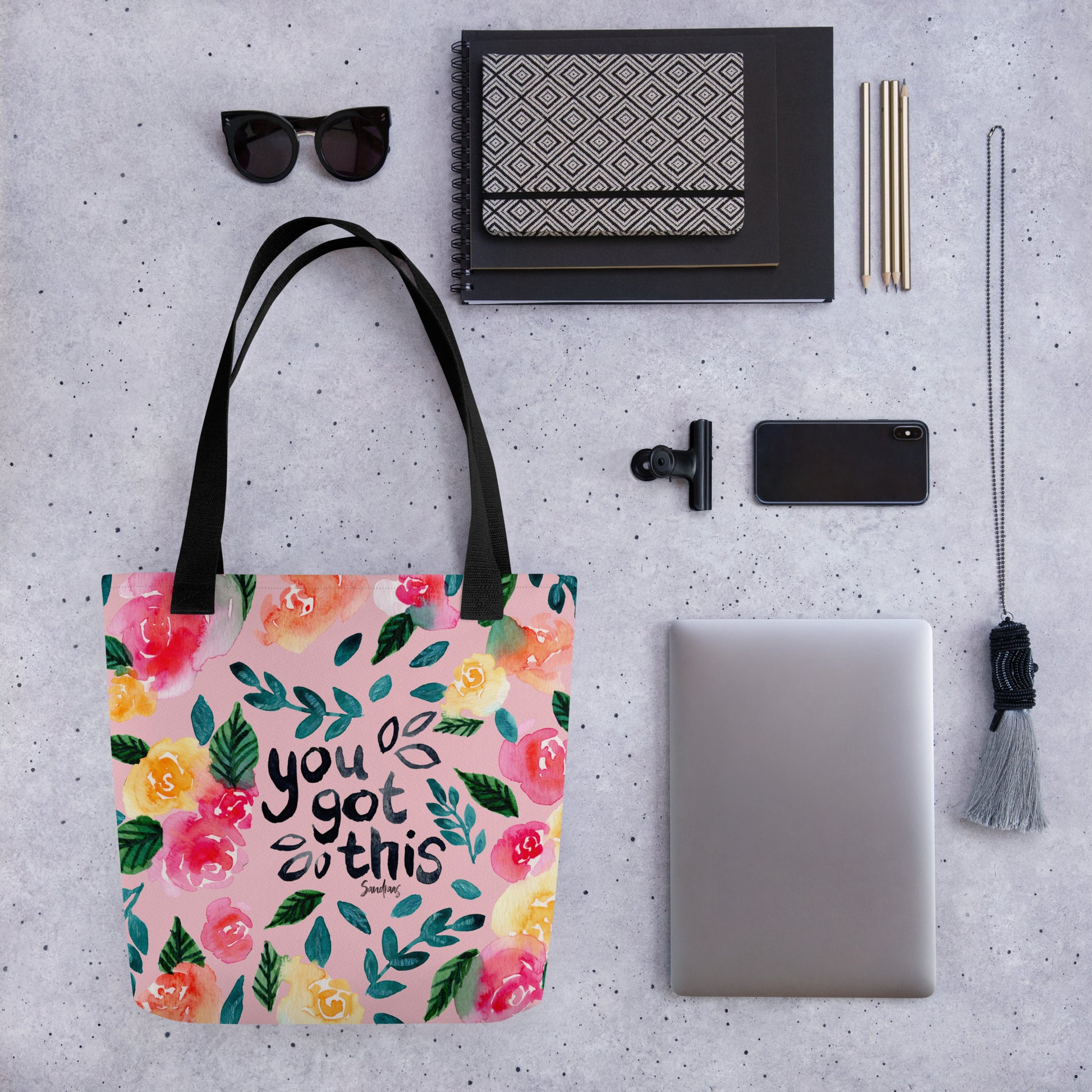 🌸 “You Got This” Watercolor Floral Tote Bag – Pink Edition 💪 - SANDRAAS