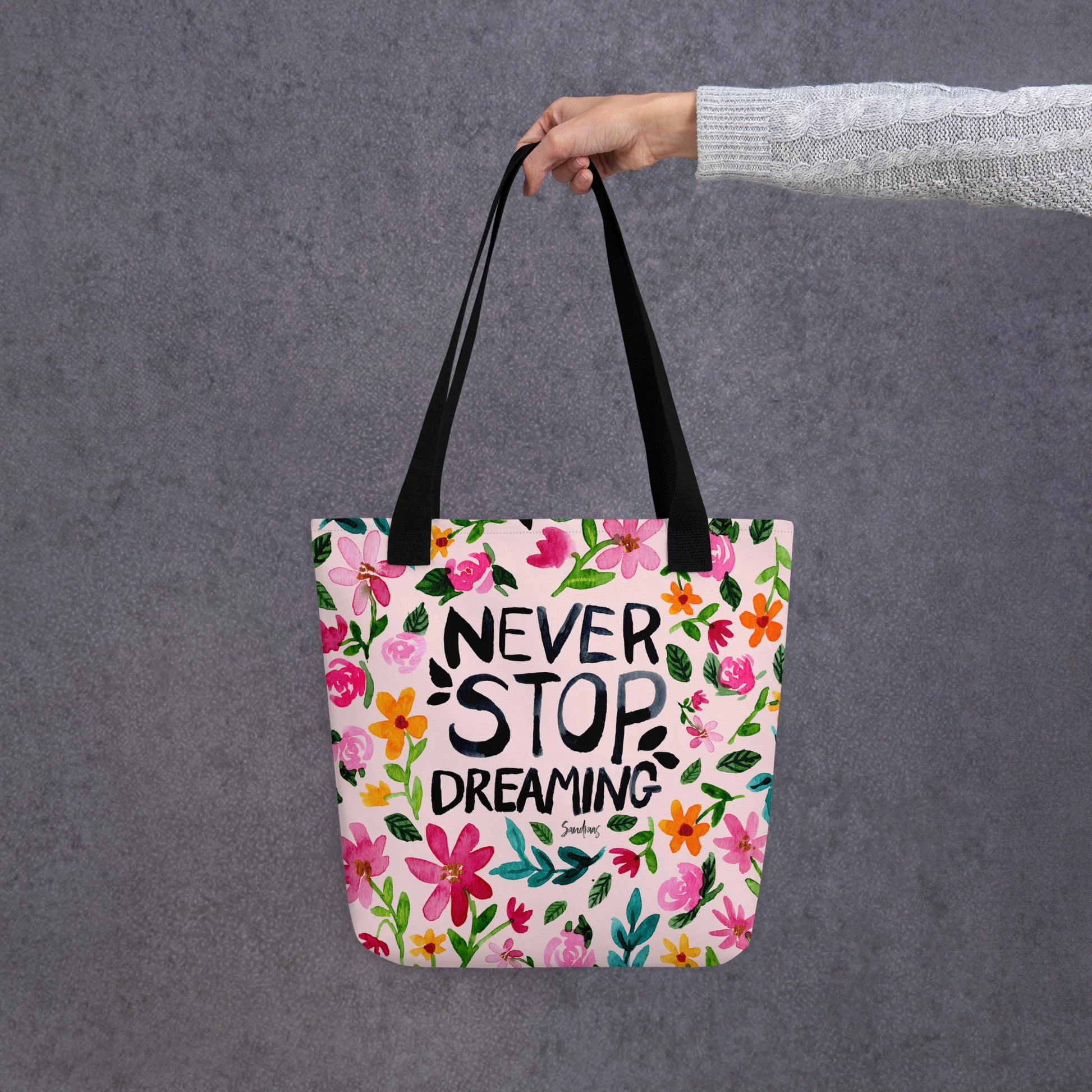 💫 “Never Stop Dreaming” Watercolor Floral Tote Bag – Soft Pink Edition 🌸 - SANDRAAS