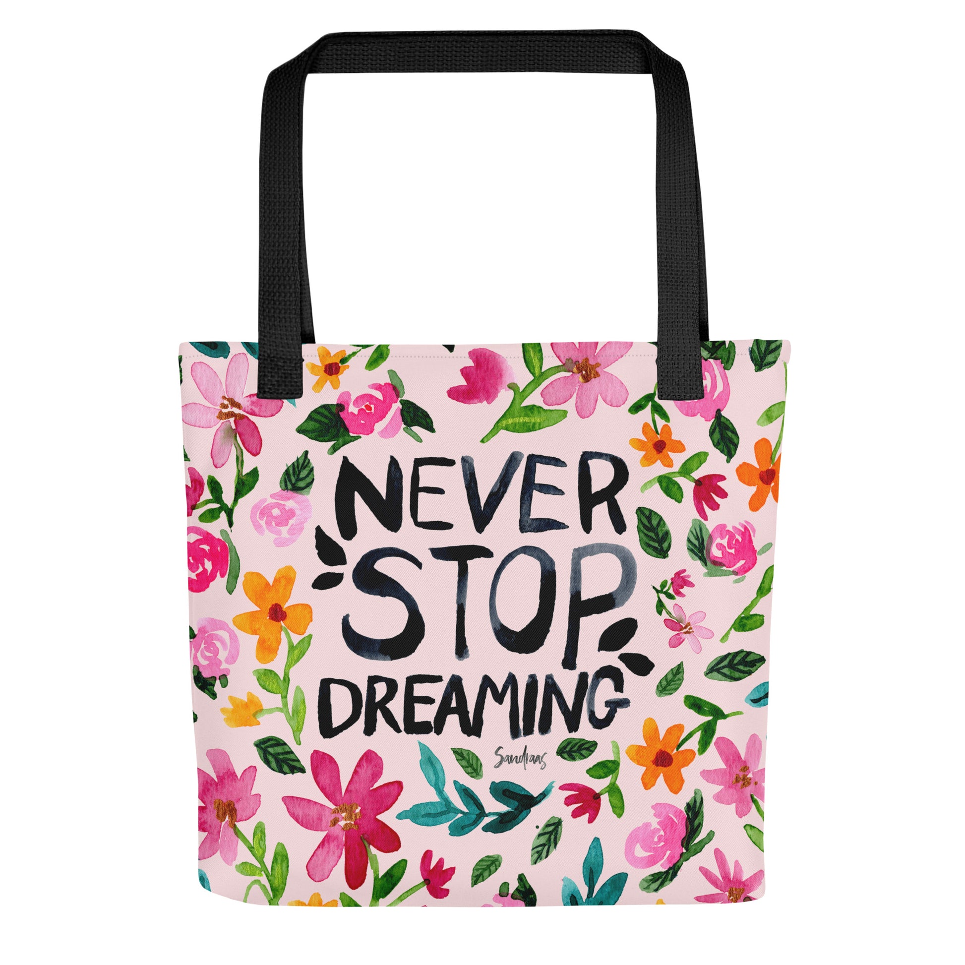 💫 “Never Stop Dreaming” Watercolor Floral Tote Bag – Soft Pink Edition 🌸 - SANDRAAS