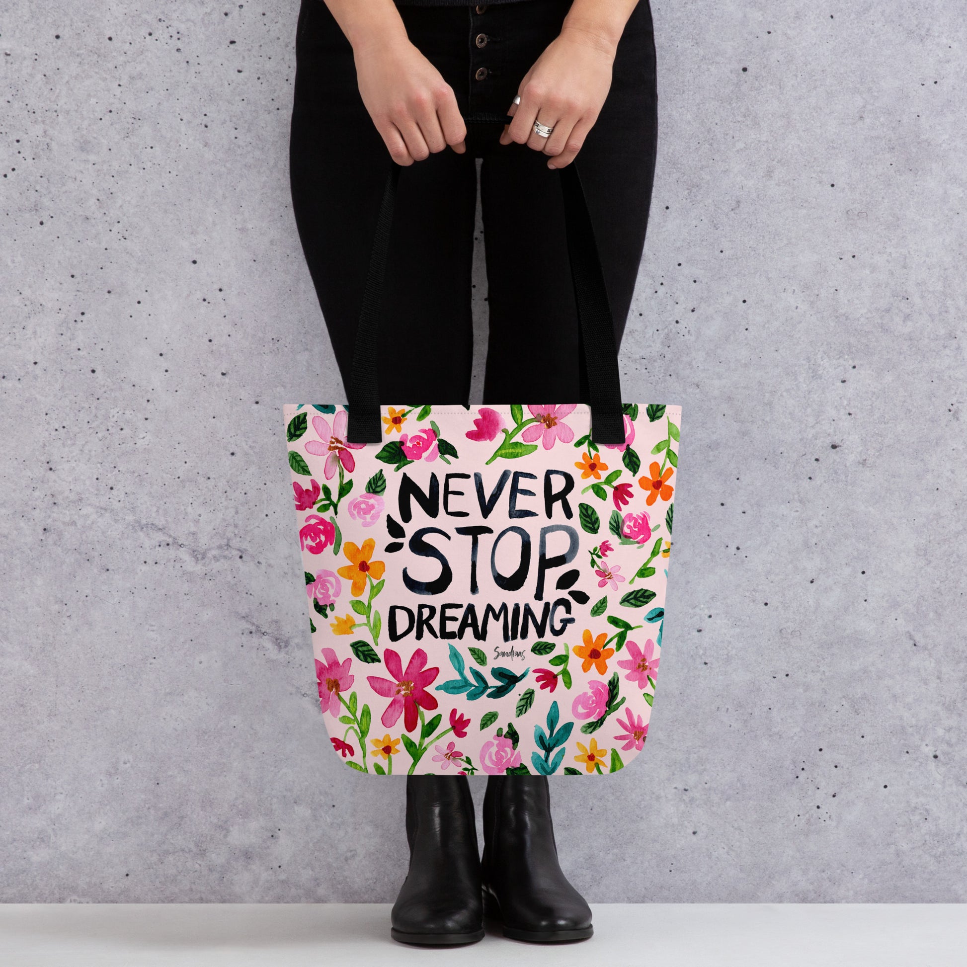 💫 “Never Stop Dreaming” Watercolor Floral Tote Bag – Soft Pink Edition 🌸 - SANDRAAS
