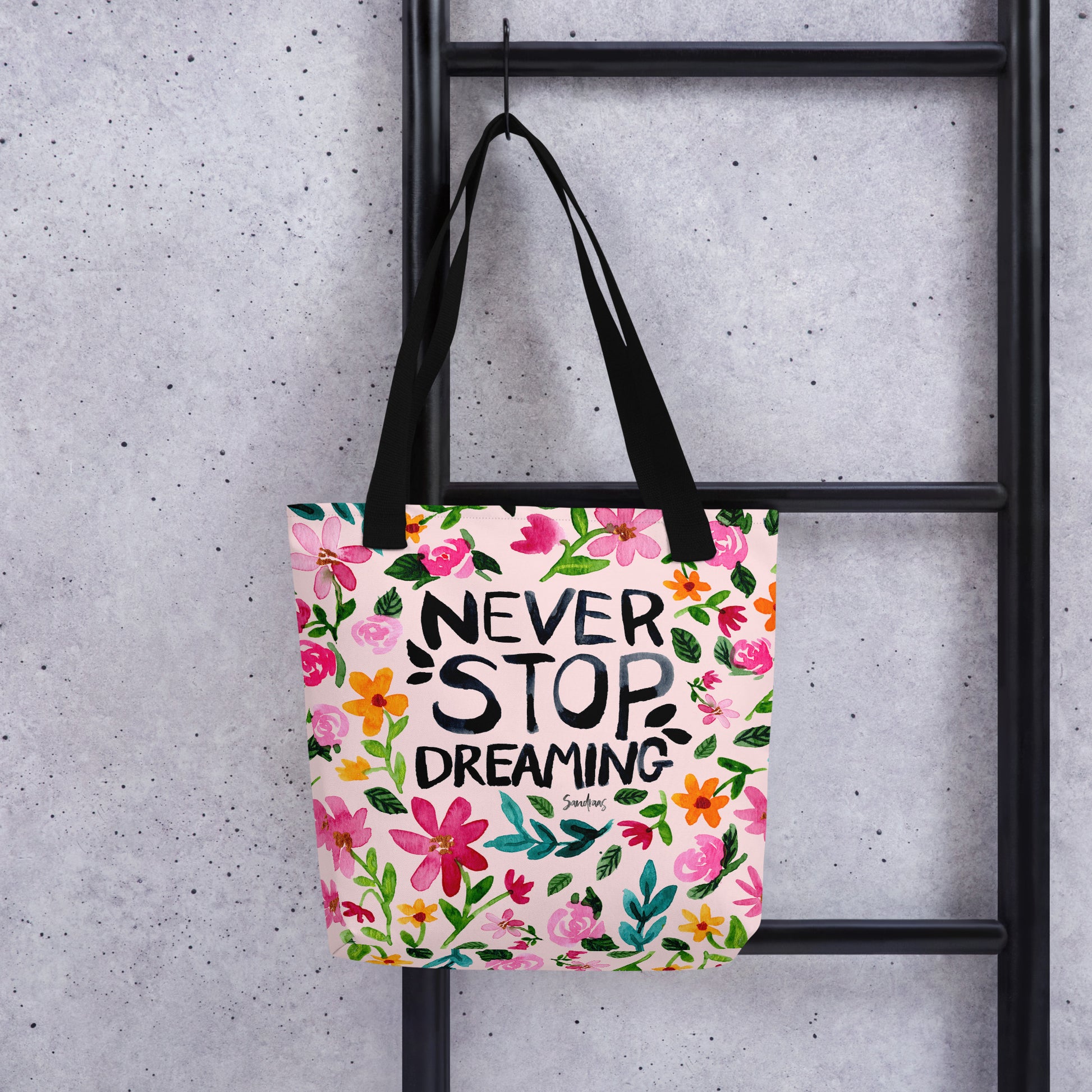💫 “Never Stop Dreaming” Watercolor Floral Tote Bag – Soft Pink Edition 🌸 - SANDRAAS