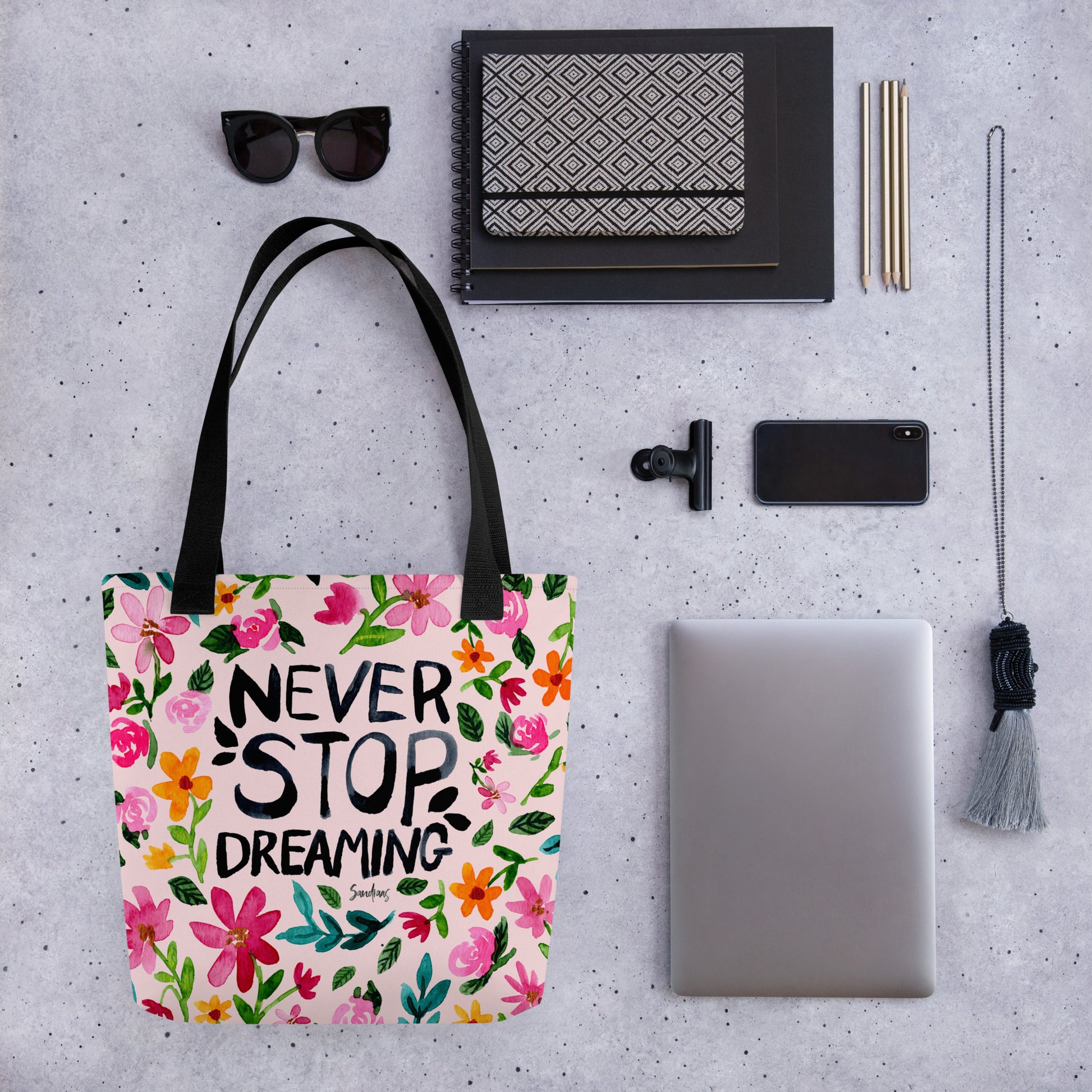💫 “Never Stop Dreaming” Watercolor Floral Tote Bag – Soft Pink Edition 🌸 - SANDRAAS