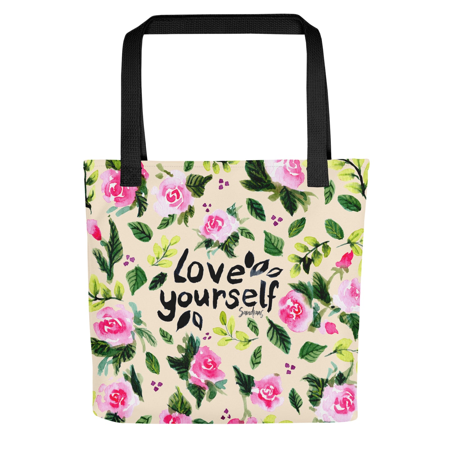 💛 “Love Yourself” Watercolor Floral Tote Bag – Soft Yellow Edition 🌿 - SANDRAAS