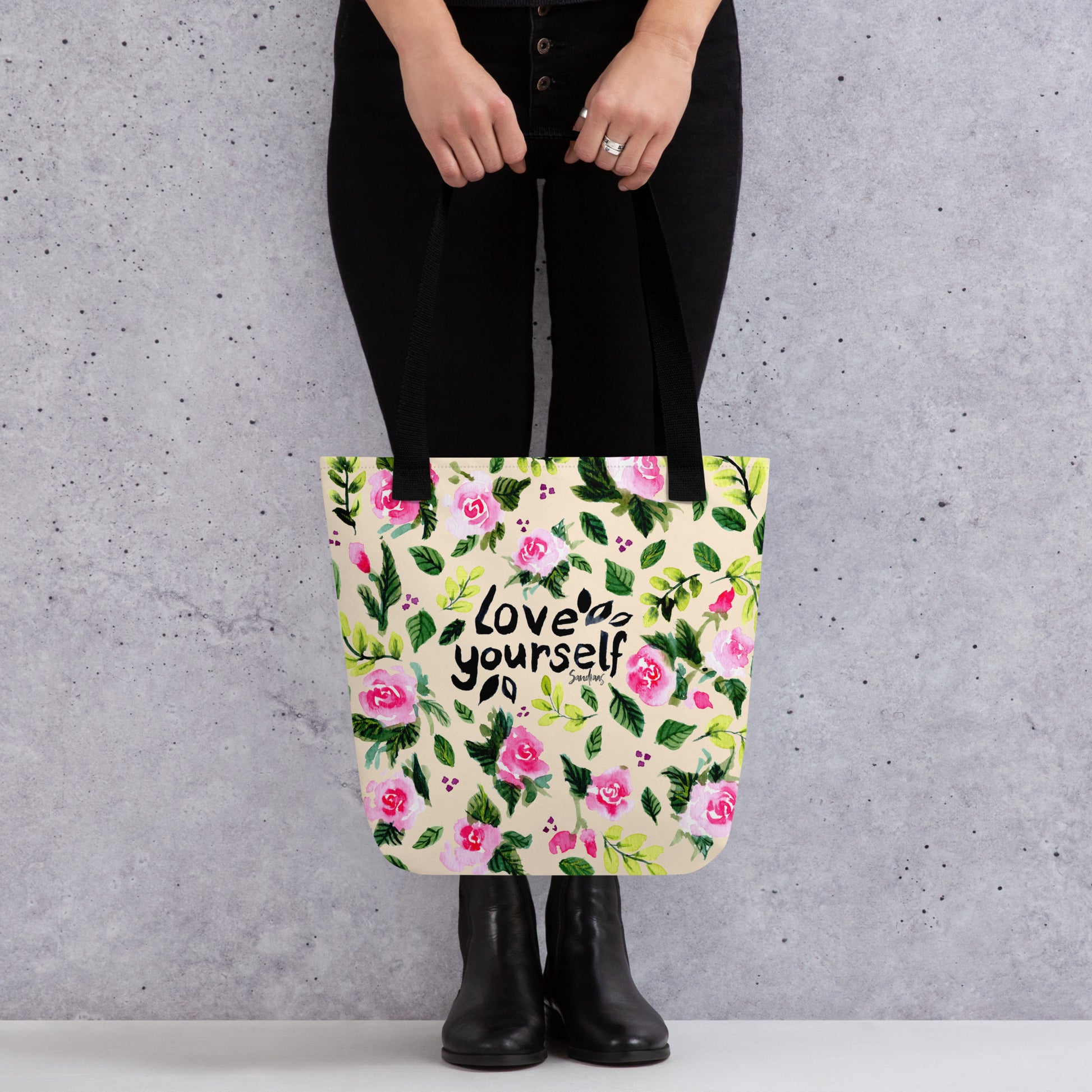 💛 “Love Yourself” Watercolor Floral Tote Bag – Soft Yellow Edition 🌿 - SANDRAAS