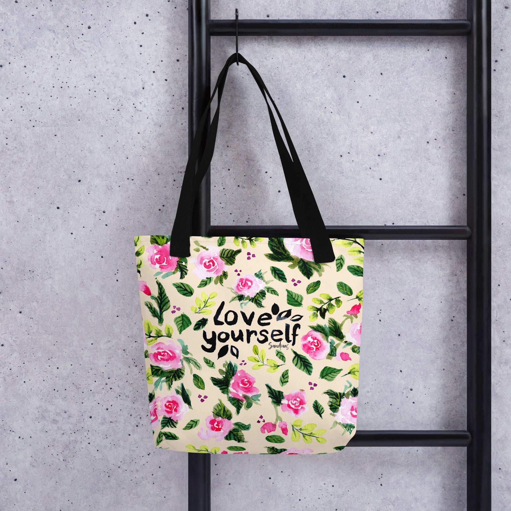 💛 “Love Yourself” Watercolor Floral Tote Bag – Soft Yellow Edition 🌿 - SANDRAAS