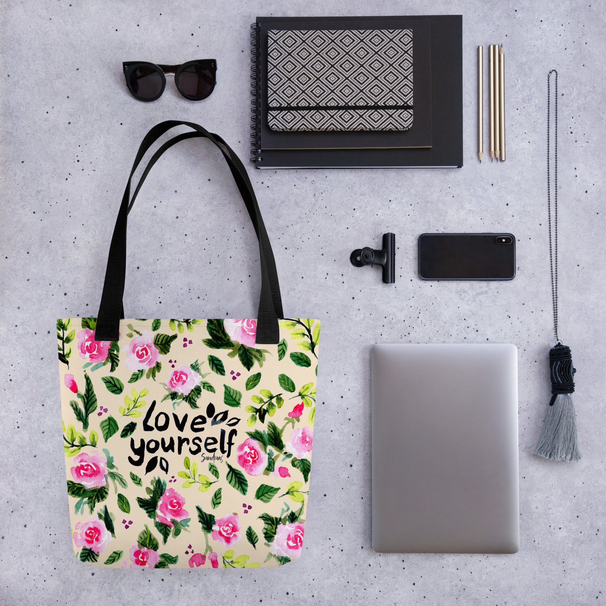 💛 “Love Yourself” Watercolor Floral Tote Bag – Soft Yellow Edition 🌿 - SANDRAAS