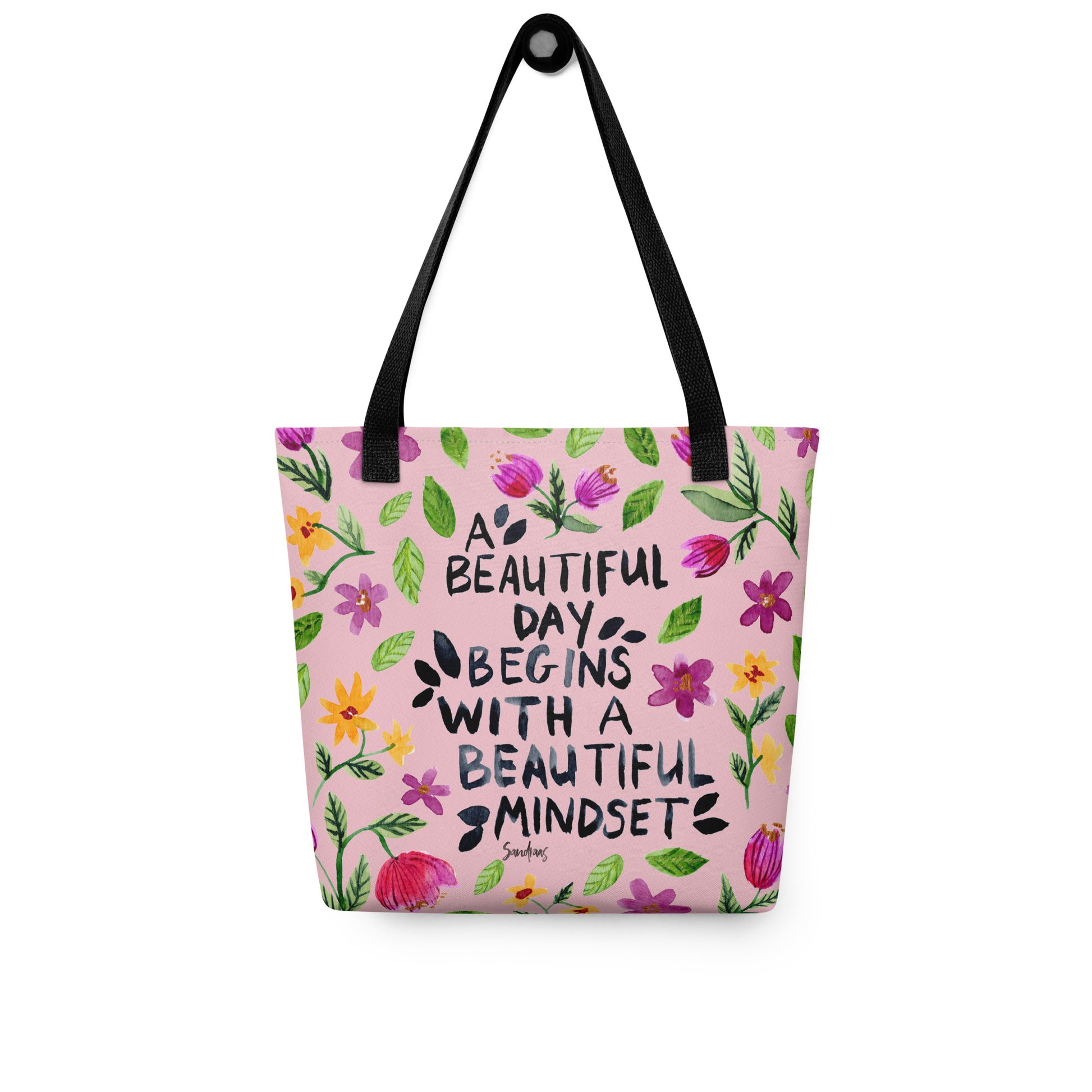 🌸 “A Beautiful Day Starts With a Beautiful Mindset” Floral Tote Bag – Pink Edition 💕 - SANDRAAS