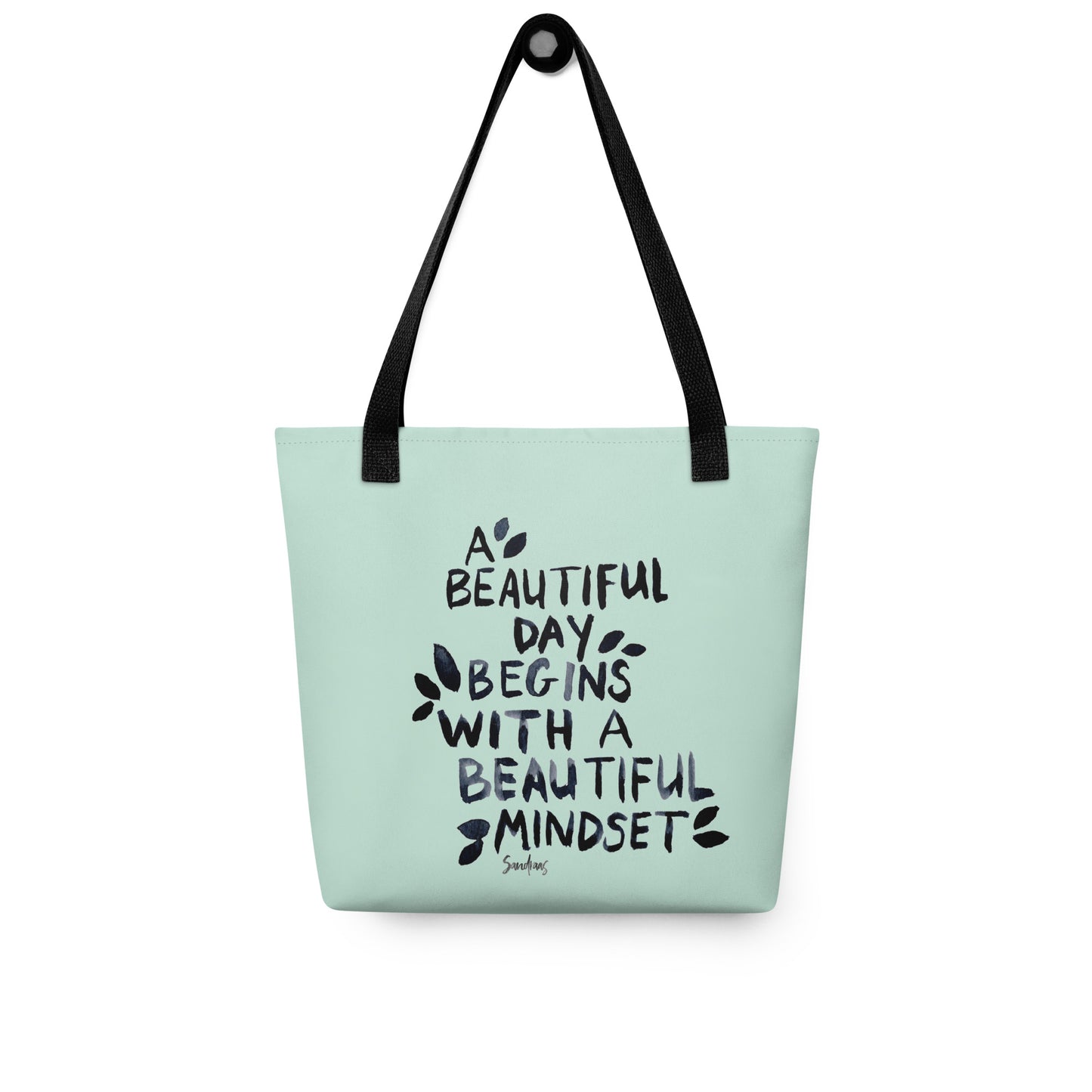 🌿 “A Beautiful Day Begins With a Beautiful Mindset” Tote Bag – Light Green Edition ✨ - SANDRAAS