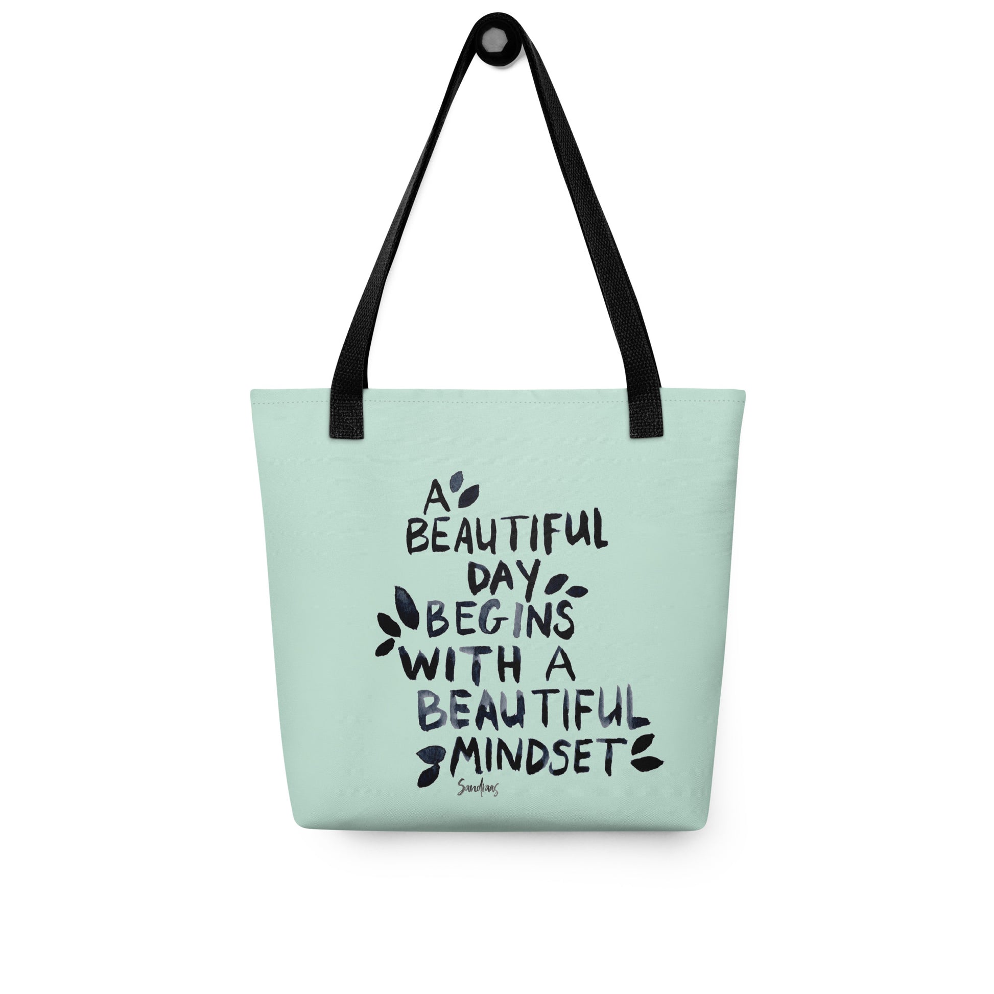 🌿 “A Beautiful Day Begins With a Beautiful Mindset” Tote Bag – Light Green Edition ✨ - SANDRAAS