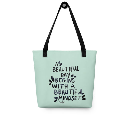 🌿 “A Beautiful Day Begins With a Beautiful Mindset” Tote Bag – Light Green Edition ✨ - SANDRAAS