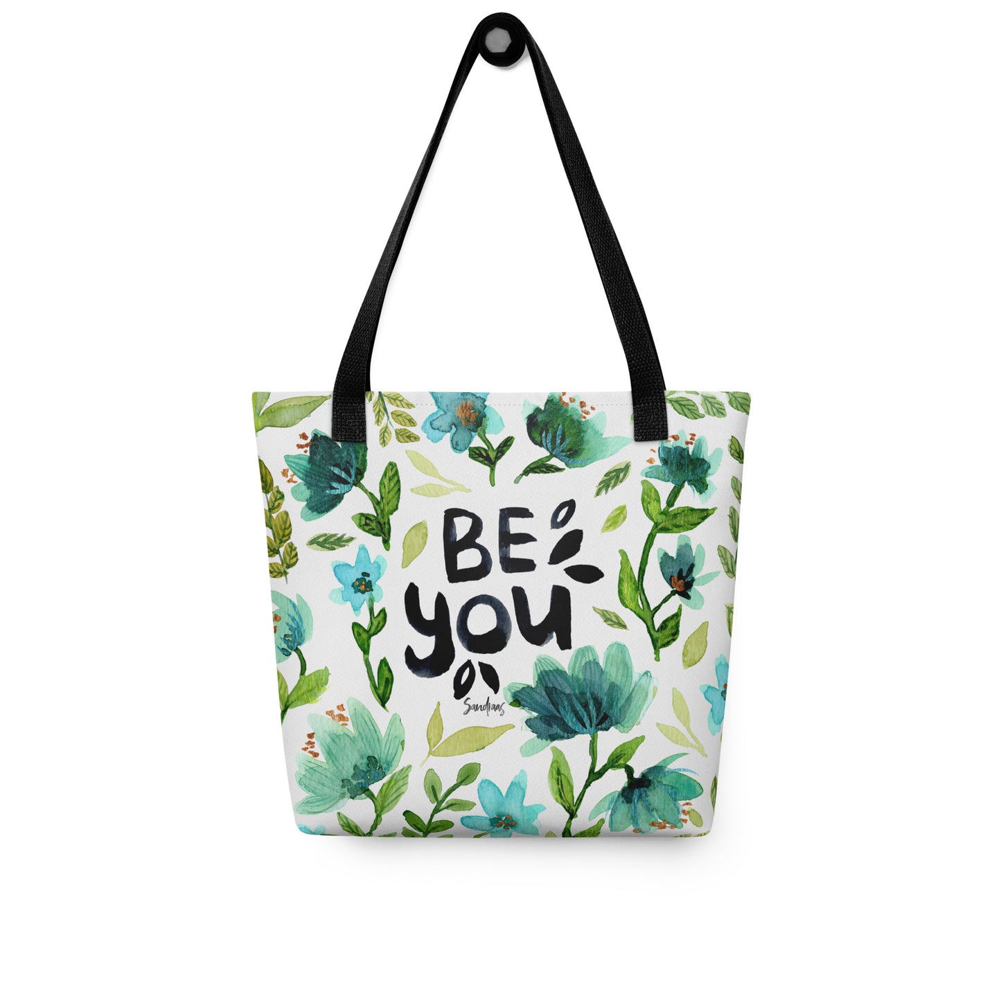 💙 “Be You” Watercolor Floral Tote Bag – White Edition 🌿 - SANDRAAS