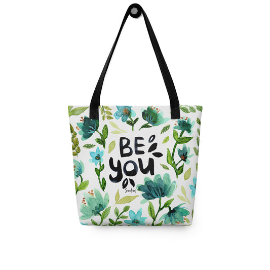 💙 “Be You” Watercolor Floral Tote Bag – White Edition 🌿 - SANDRAAS