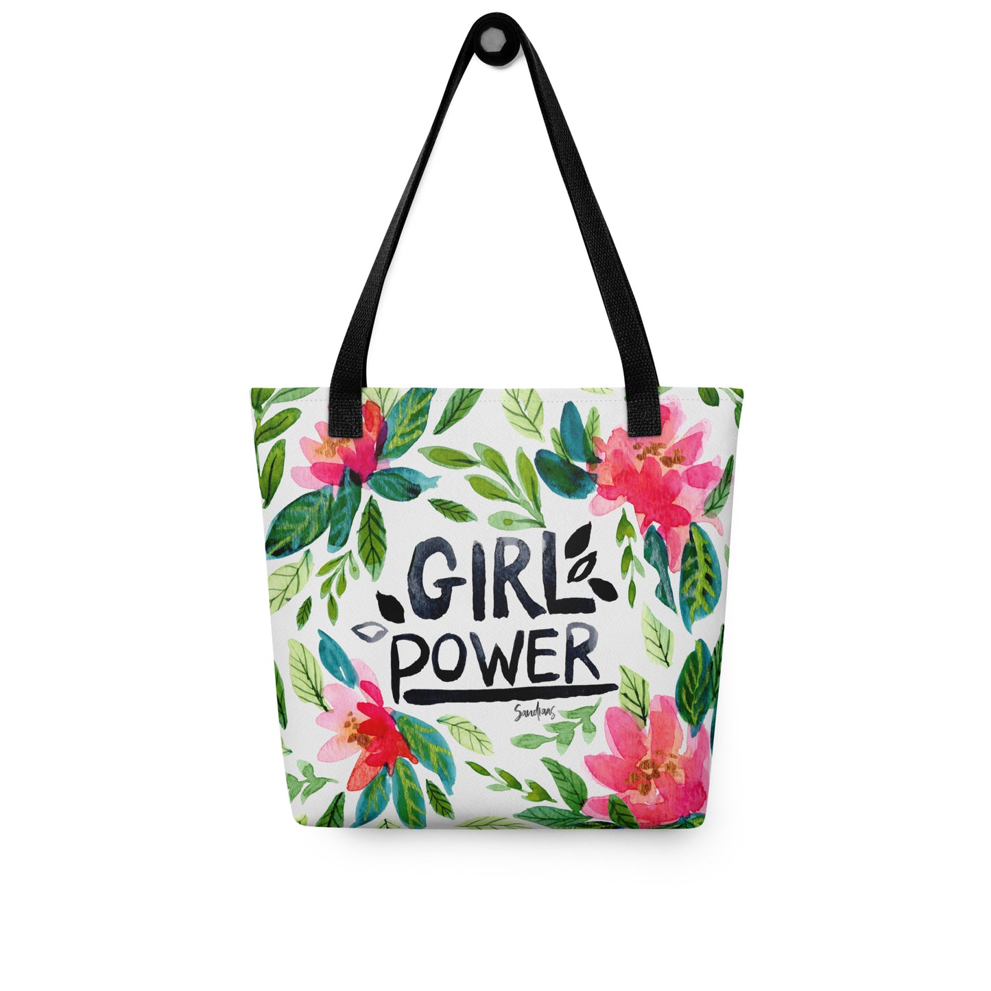 💪 “Girl Power” Watercolor Floral Tote Bag – White Edition 🌸 - SANDRAAS