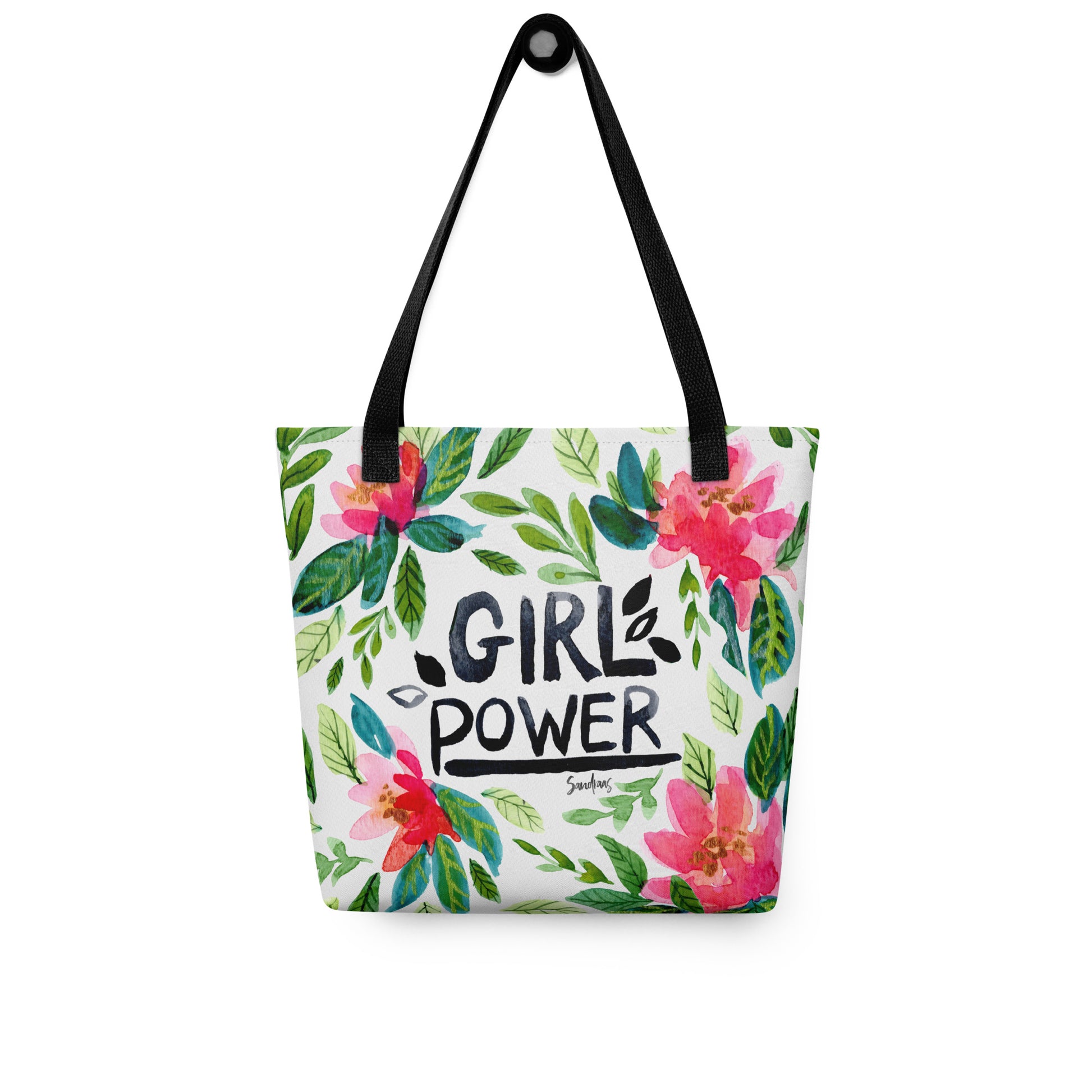 💪 “Girl Power” Watercolor Floral Tote Bag – White Edition 🌸 - SANDRAAS