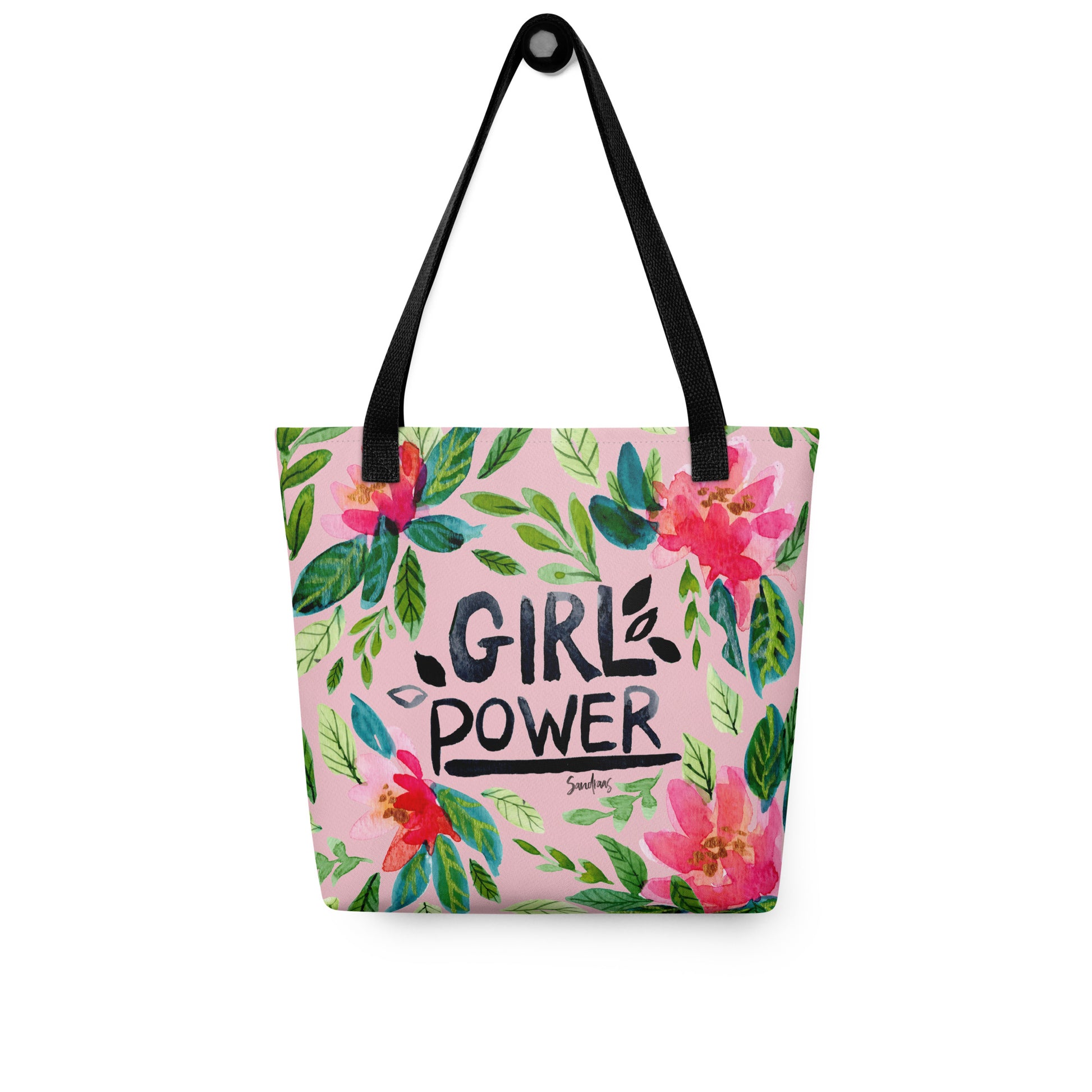 💪 “Girl Power” Watercolor Floral Tote Bag – Pink Edition 🌸 - SANDRAAS