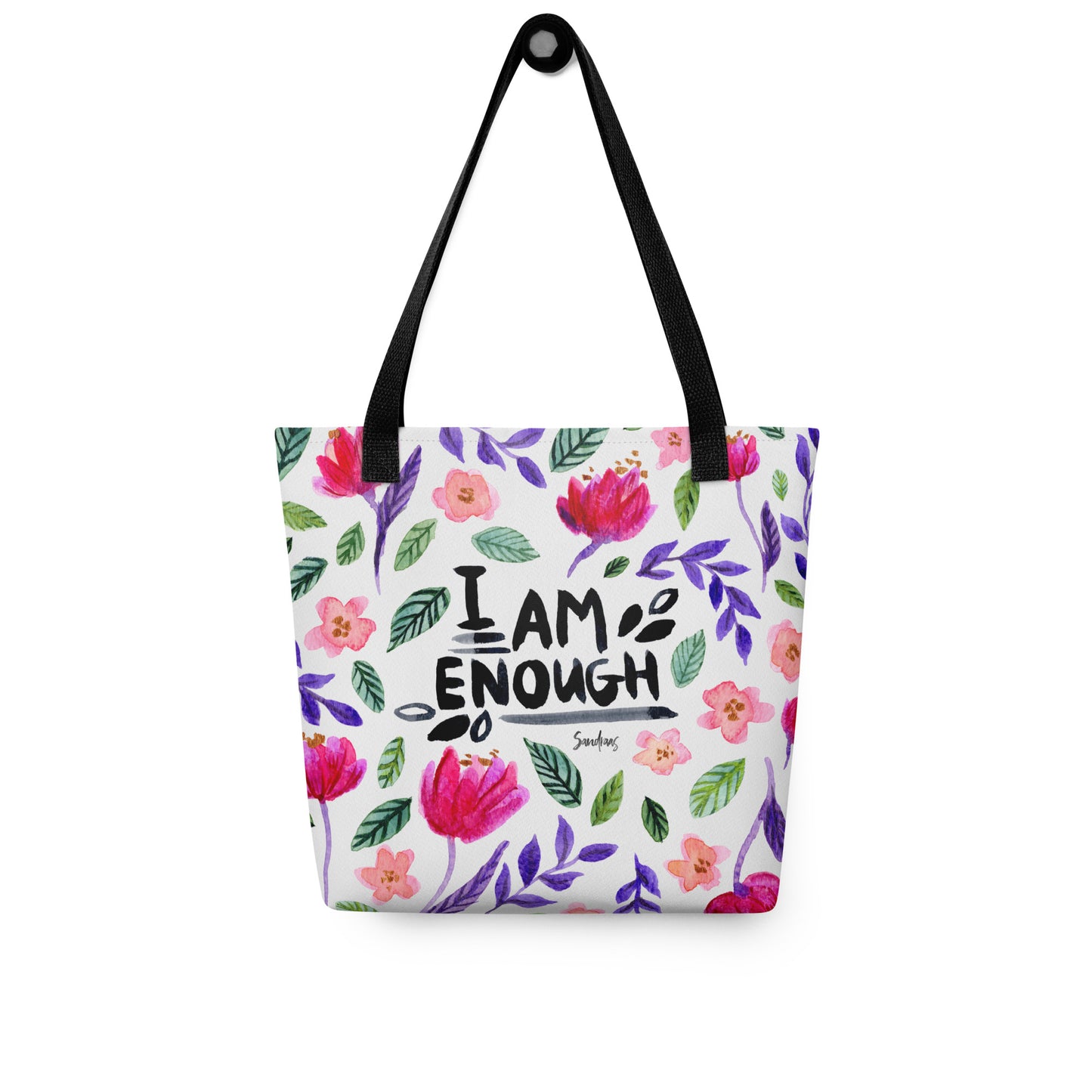 🌸 “I Am Enough” Watercolor Floral Tote Bag – Pink & Purple Florals 💜 - SANDRAAS