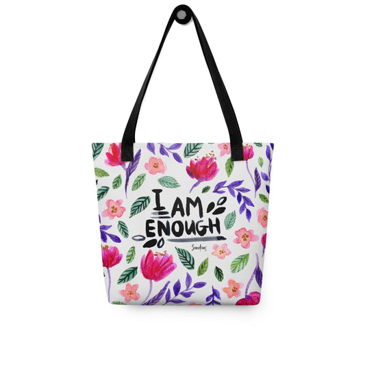 🌸 “I Am Enough” Watercolor Floral Tote Bag – Pink & Purple Florals 💜 - SANDRAAS