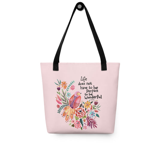 🕊 “Life Doesn’t Have to Be Perfect to Be Beautiful” Watercolor Bird & Floral Tote Bag – Pink Edition 🌸 - SANDRAAS