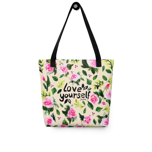 💛 “Love Yourself” Watercolor Floral Tote Bag – Soft Yellow Edition 🌿 - SANDRAAS
