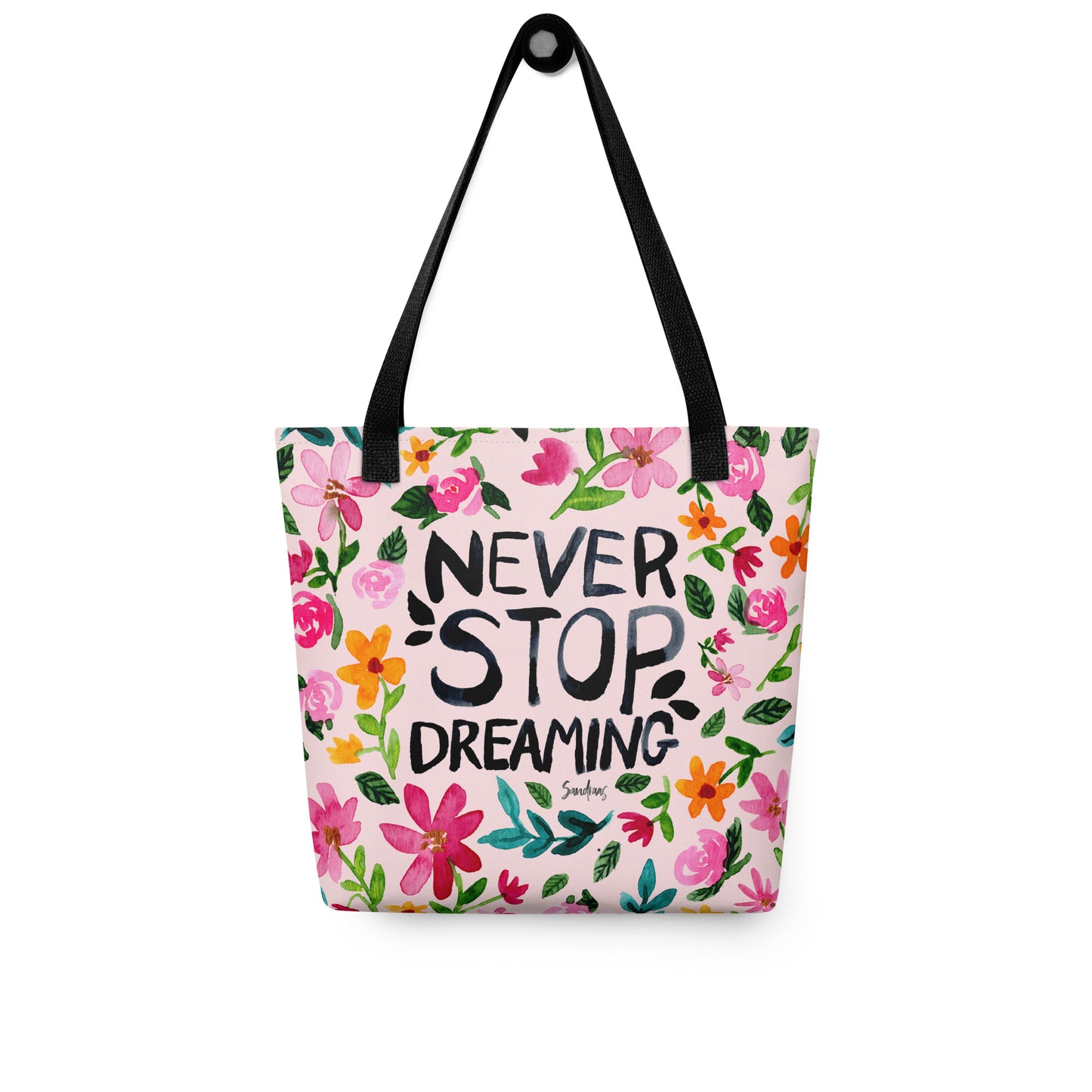 💫 “Never Stop Dreaming” Watercolor Floral Tote Bag – Soft Pink Edition 🌸 - SANDRAAS