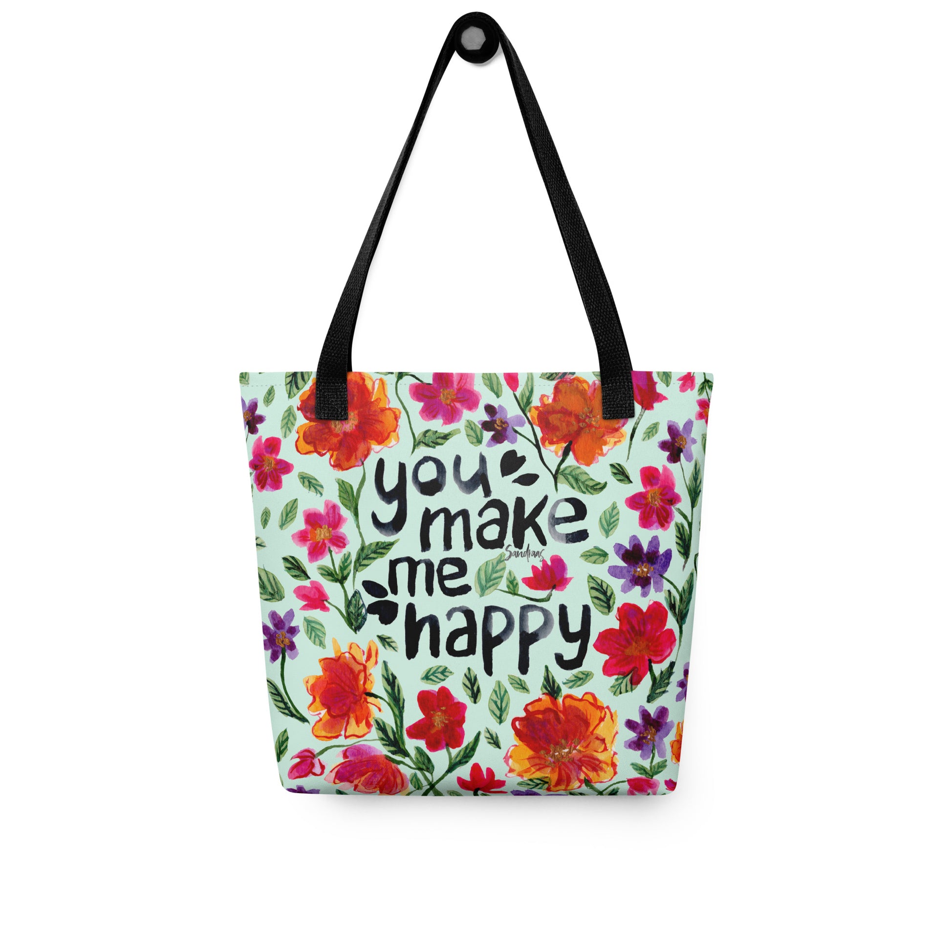 👜 "You Make Me Happy" Watercolor Floral Tote Bag – Light Blue Edition 💙 - SANDRAAS