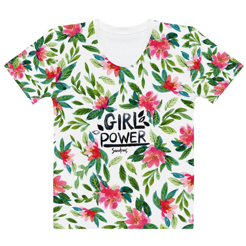 🌸 Women’s T-Shirt – Girl Power – Watercolor Florals on White - SANDRAAS