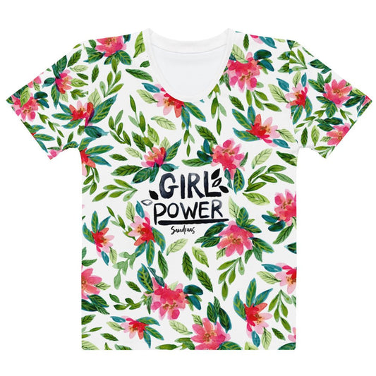 🌸 Women’s T-Shirt – Girl Power – Watercolor Florals on White - SANDRAAS