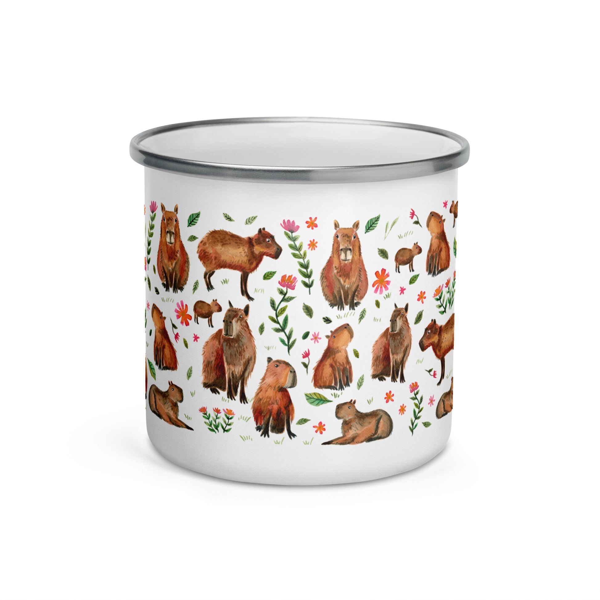 Capybara Enamel Mug • Watercolor Capybara Illustration Camper Cup • Cozy Animal Adventure Drinkware - SANDRAAS