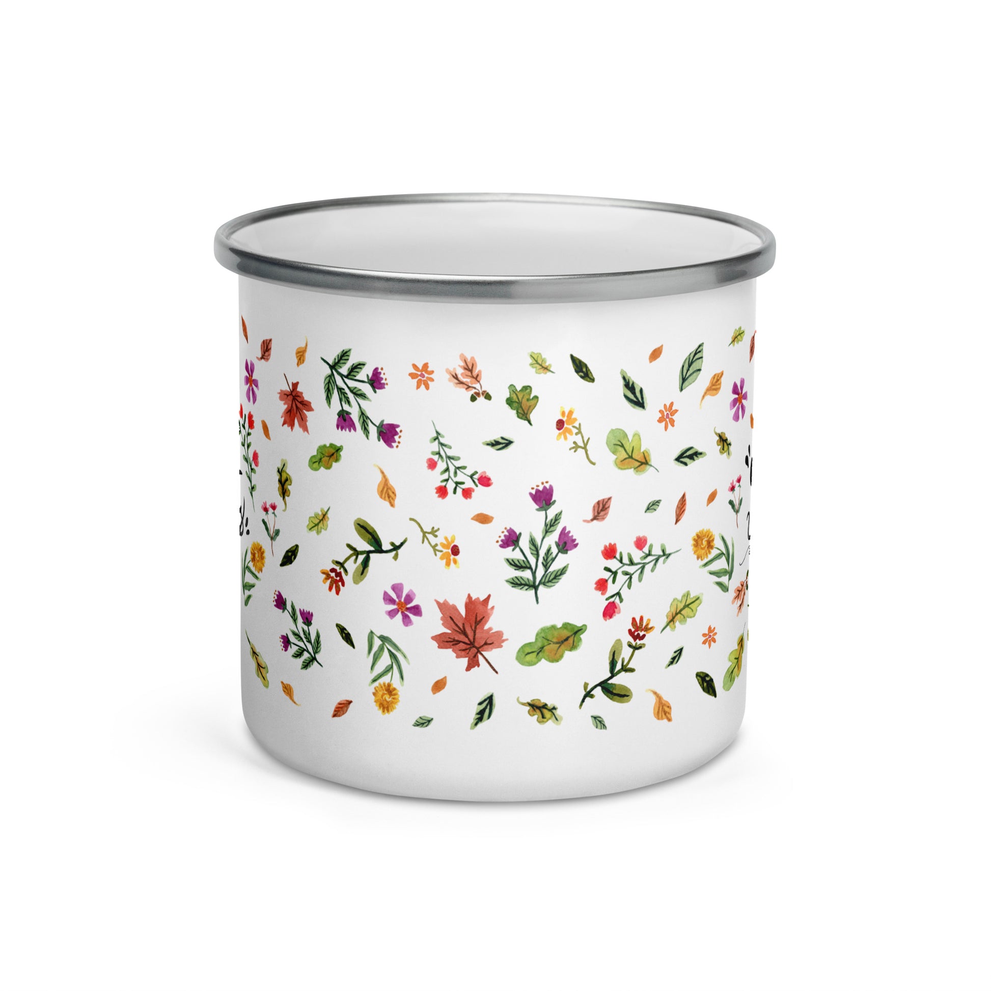 Cozy Vibes Enamel Mug • Hand Lettered Autumn Leaves & Wildflowers Camper Cup • Rustic Fall Drinkware - SANDRAAS