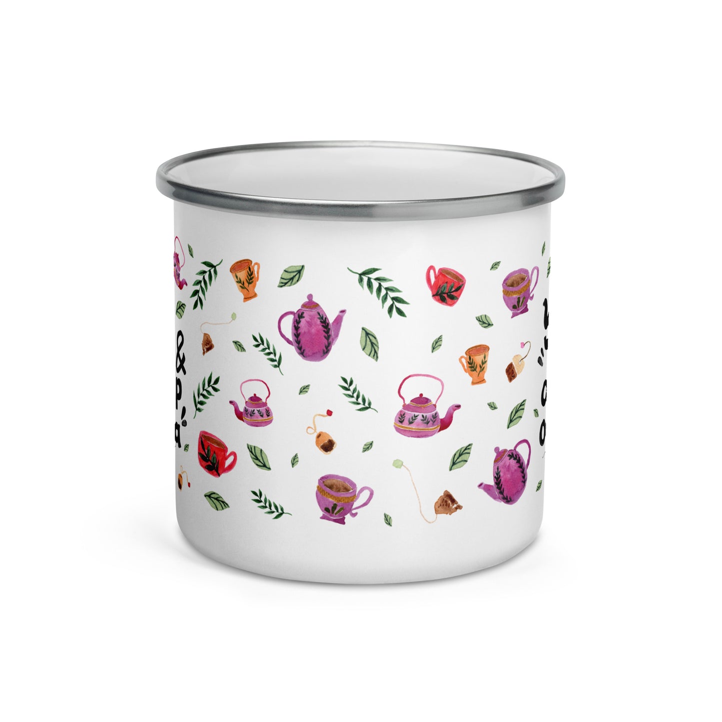 You, Me and a Cup of Tea Enamel Mug • Hand Lettered Autumn Teapot & Leaves Camper Cup • Cozy Rustic Drinkware - SANDRAAS