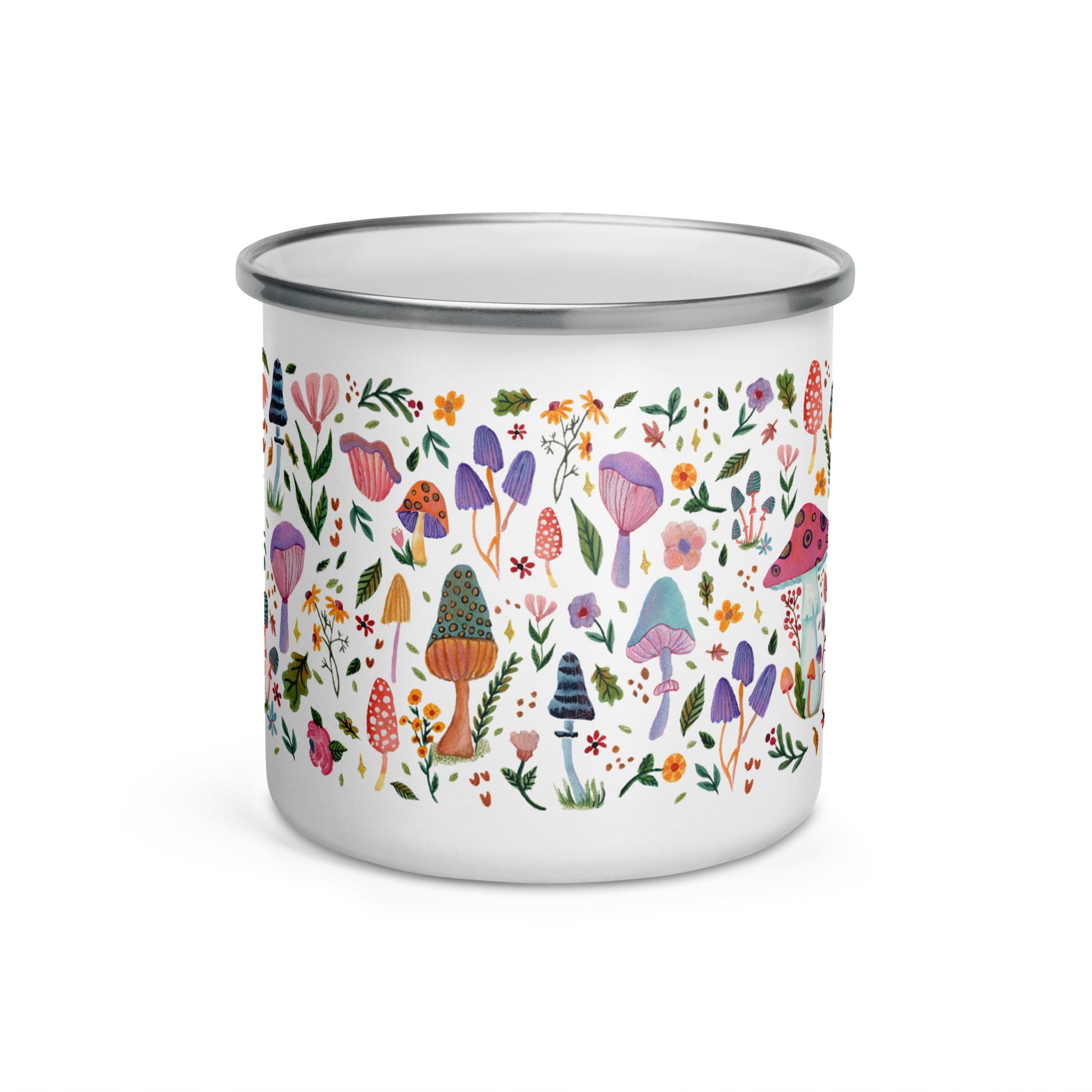 Whimsical Mushroom Enamel Mug • Watercolor Woodland Mushrooms & Flowers Camper Cup • Cozy Nature Drinkware - SANDRAAS