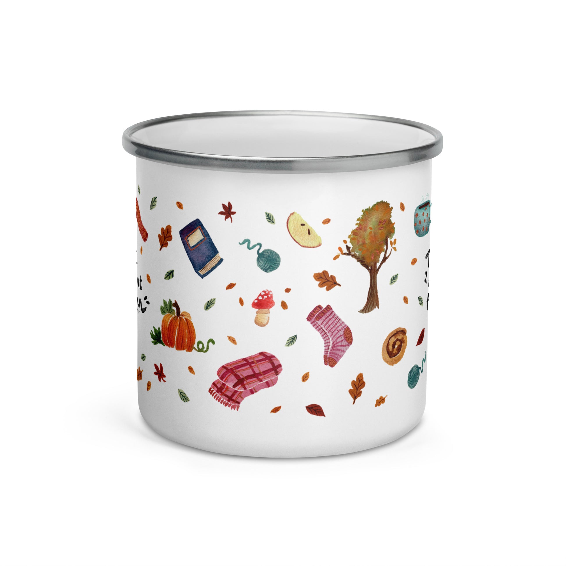 Things I Like About Autumn Enamel Mug • Watercolor Cozy Sweater, Socks & Fall Tree Camper Cup • Rustic Seasonal Drinkware - SANDRAAS