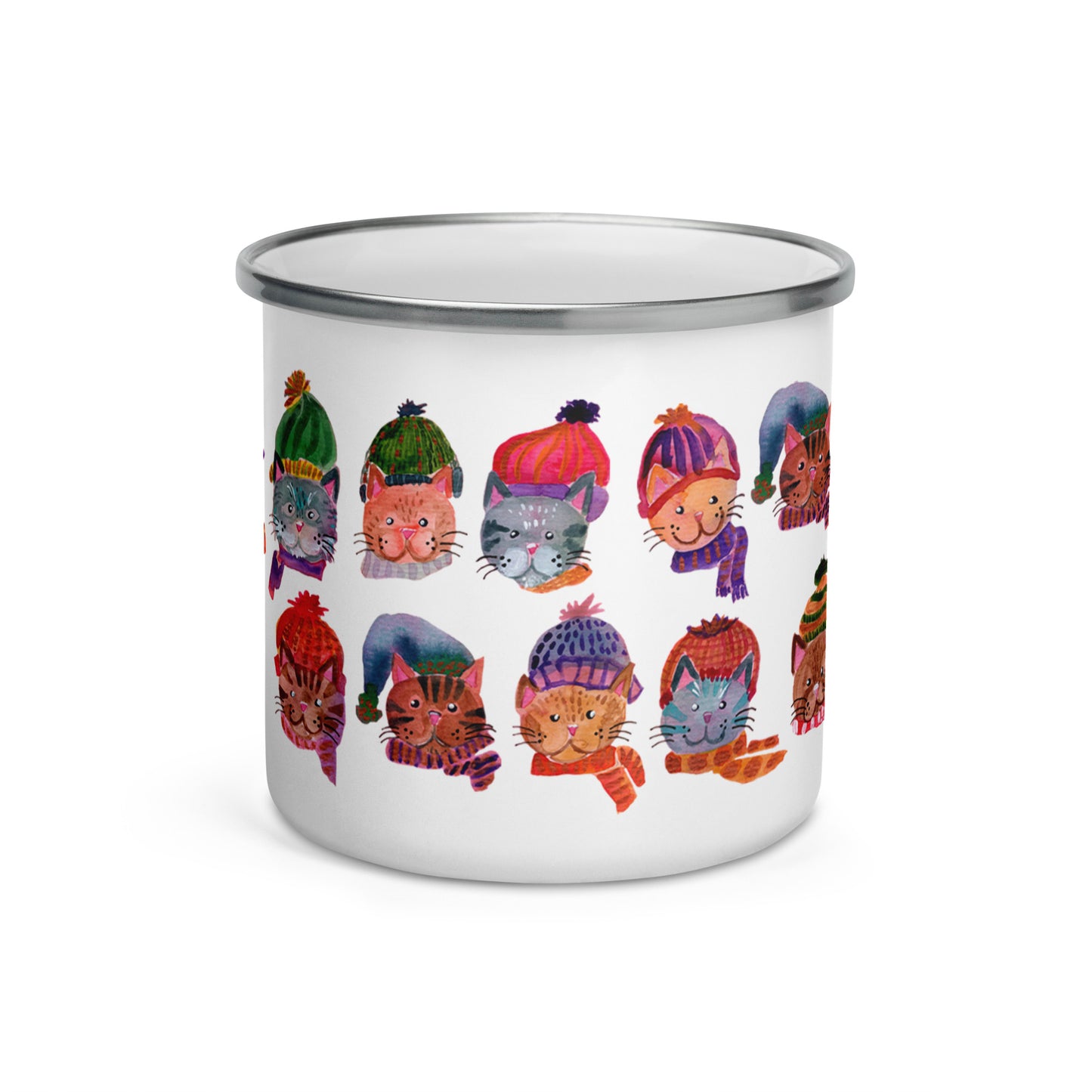 π Cozy Christmas Cats Enamel Camper Mug β Watercolor Cats in Knitted Hats & Shawls π±π§£β¨ - SANDRAAS