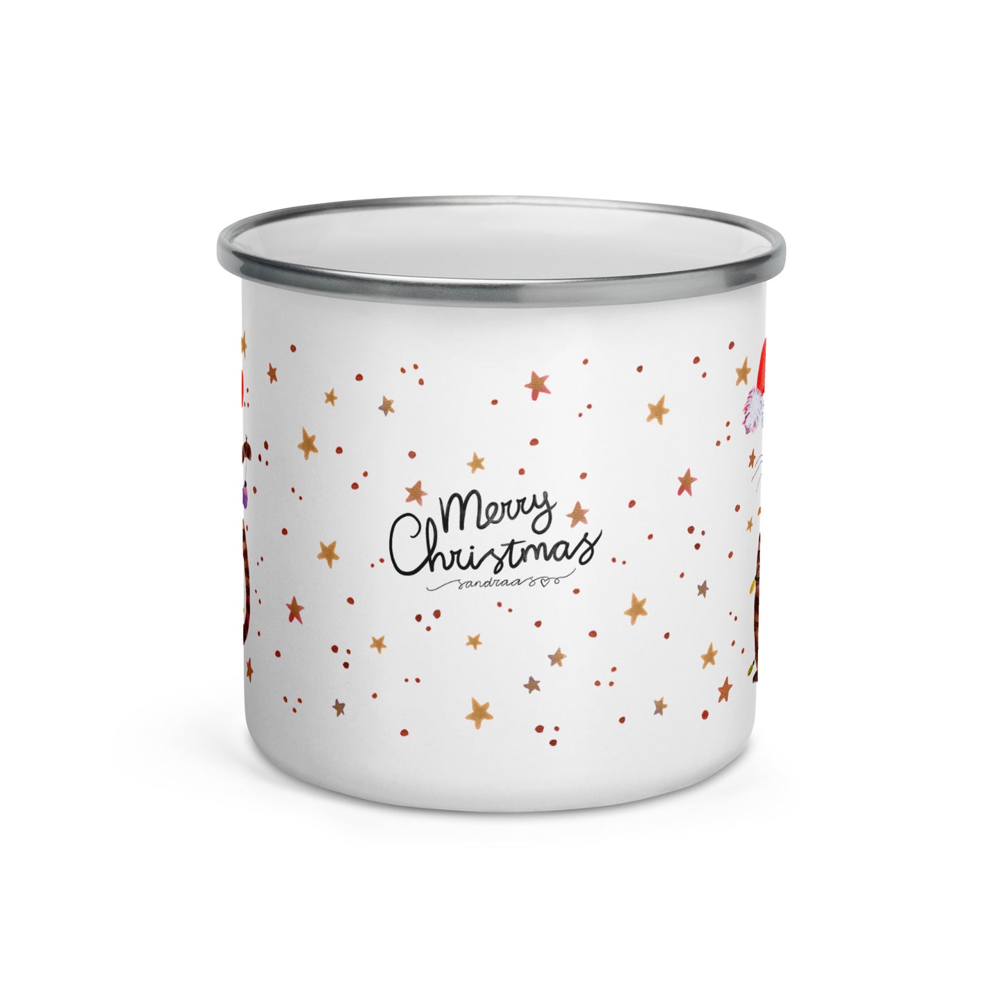 🎄 Whimsical Christmas Cat Enamel Camper Mug – Watercolor Cat in Santa Hat Wrapped in Lights 🐱✨ “Merry Christmas” - SANDRAAS