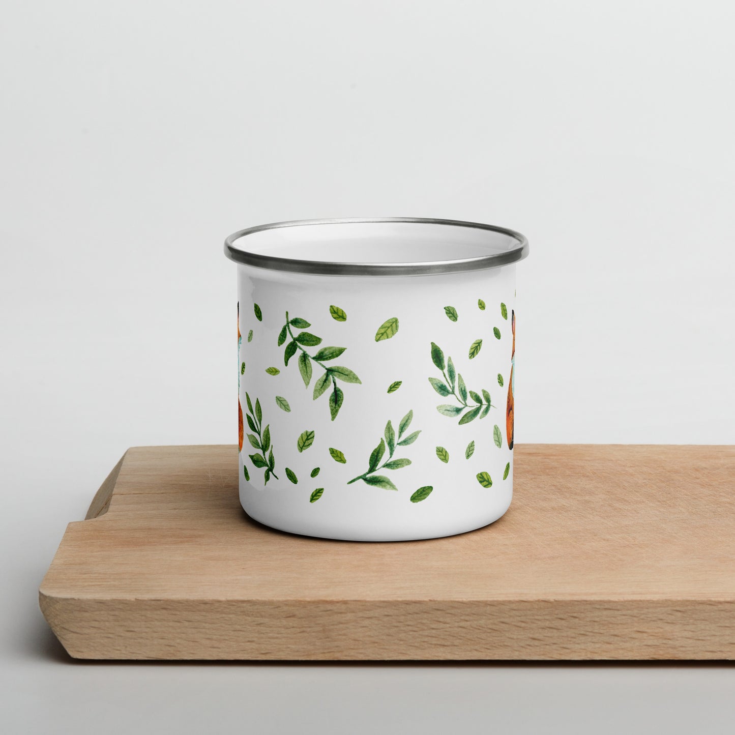 Enamel Mug Watercolor Fox • Cute Woodland Animal Camp Mug with Green Leaves • Lightweight & Durable - SANDRAAS