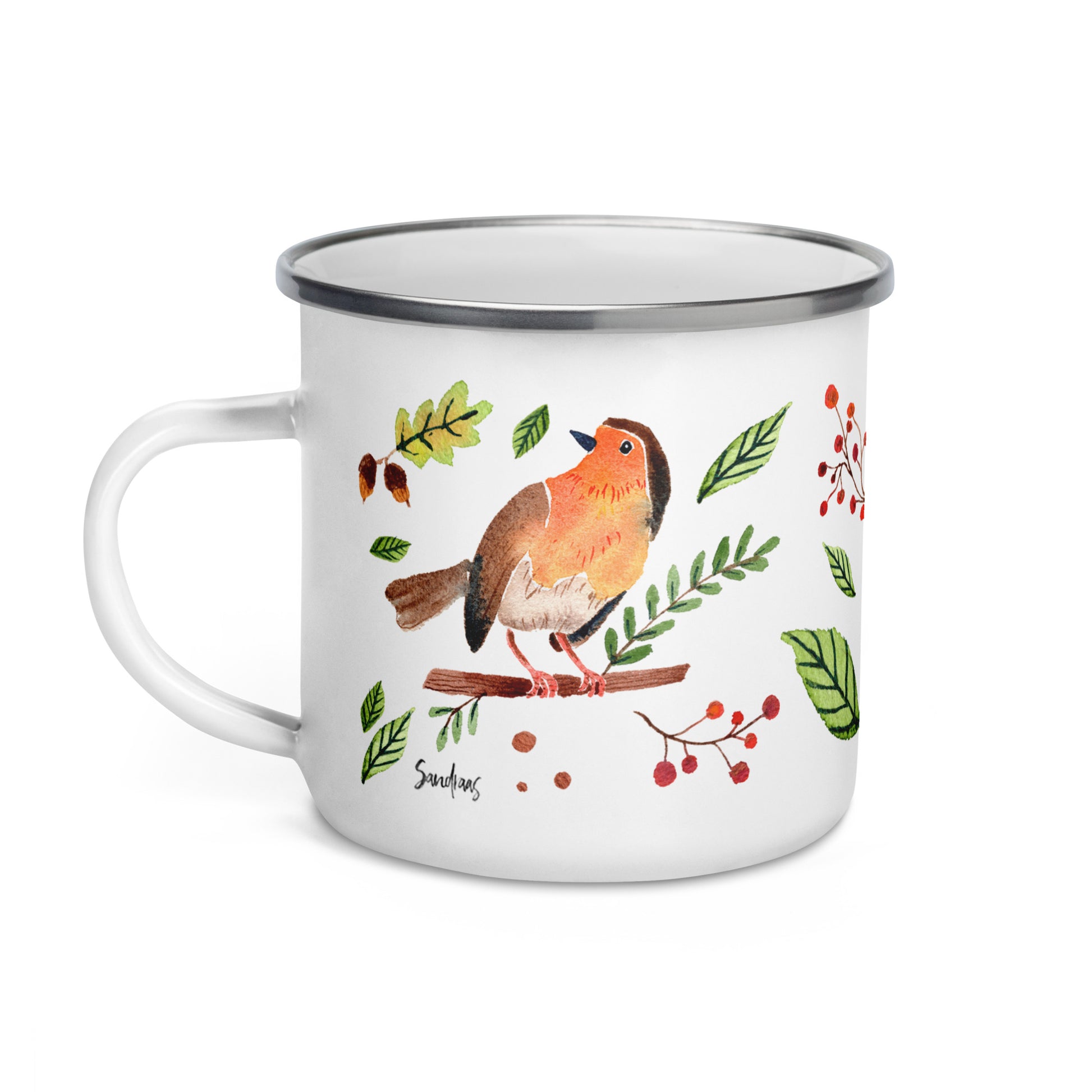Enamel Mug – Watercolor Robin 🐦 | Nature - Inspired Camping Mug - SANDRAAS