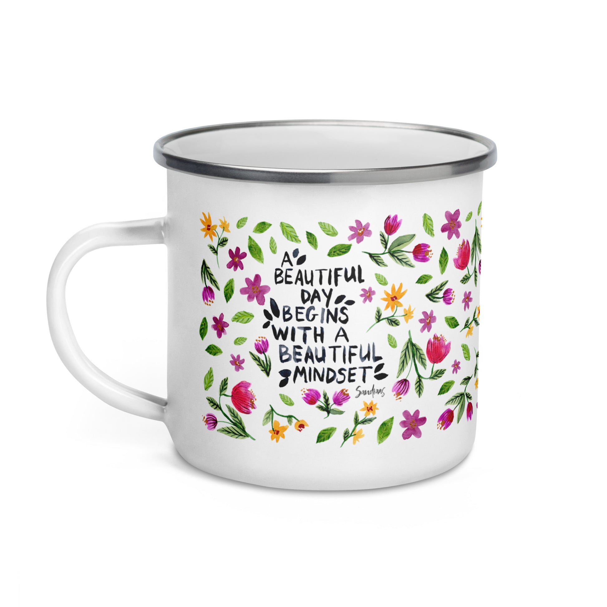 Enamel Mug – A Beautiful Day Starts with a Beautiful Mindset 🌼 | Inspirational Quote & Watercolor Florals - SANDRAAS