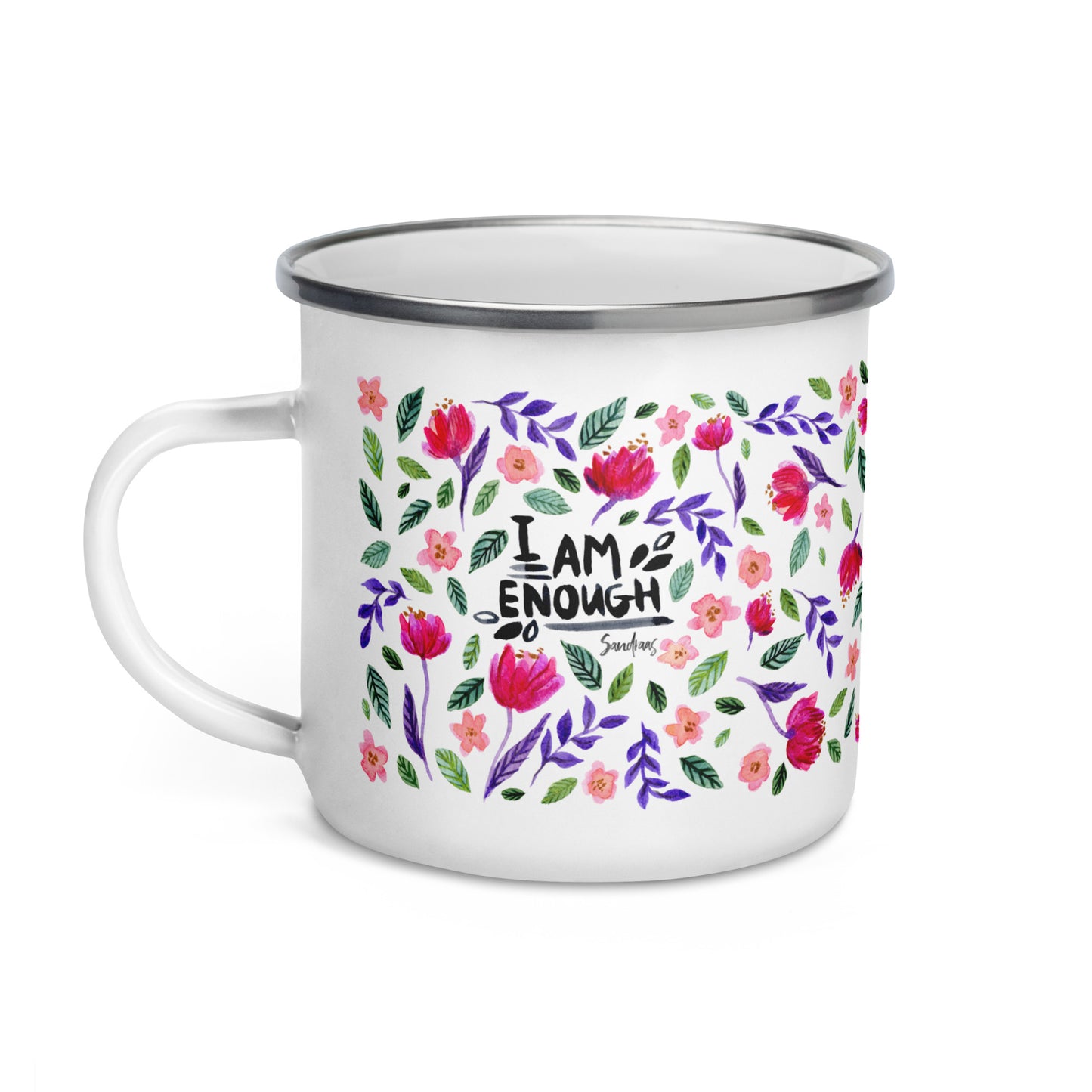 Enamel Mug – I Am Enough 🌸 – Watercolor Florals & Uplifting Vibes - SANDRAAS