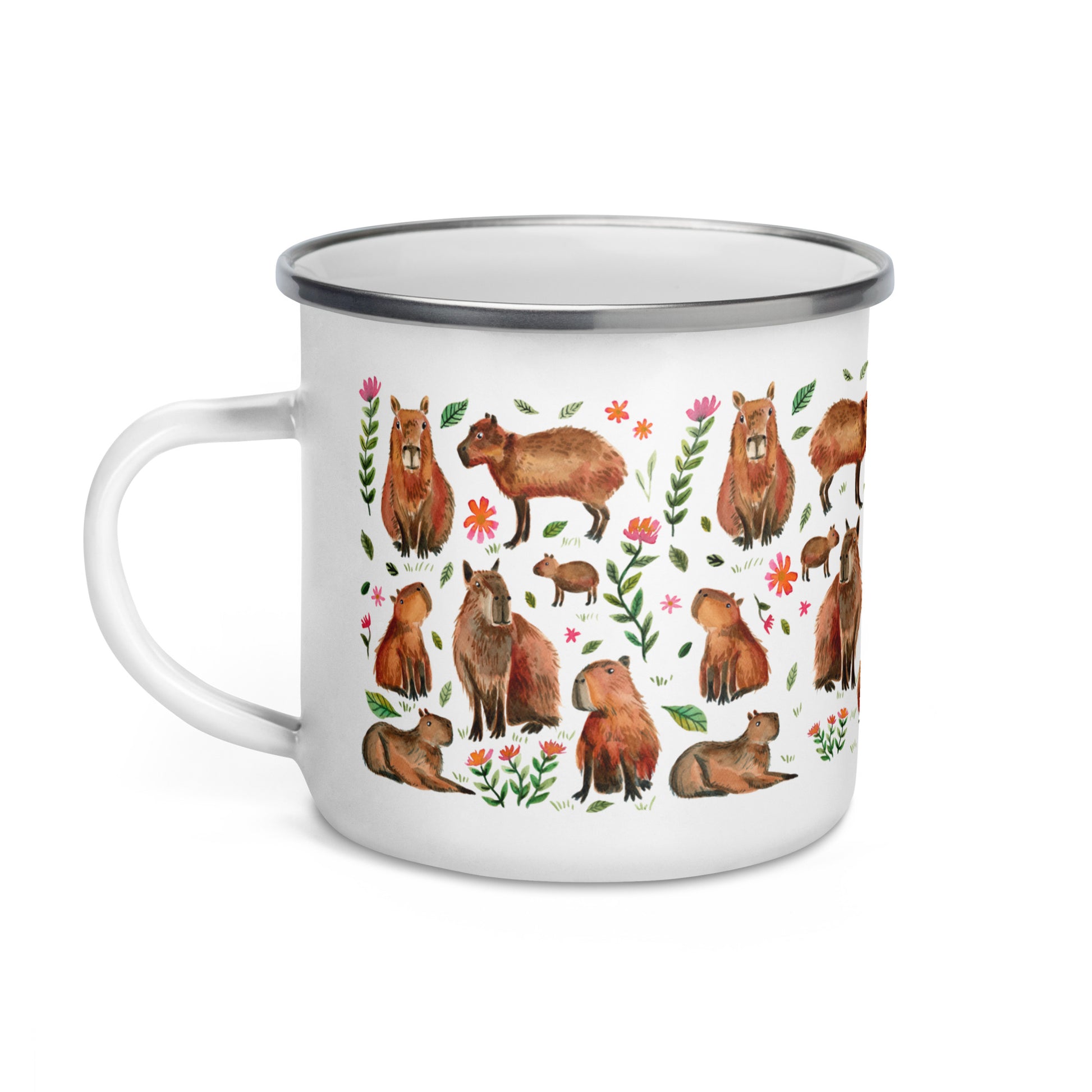 Capybara Enamel Mug • Watercolor Capybara Illustration Camper Cup • Cozy Animal Adventure Drinkware - SANDRAAS