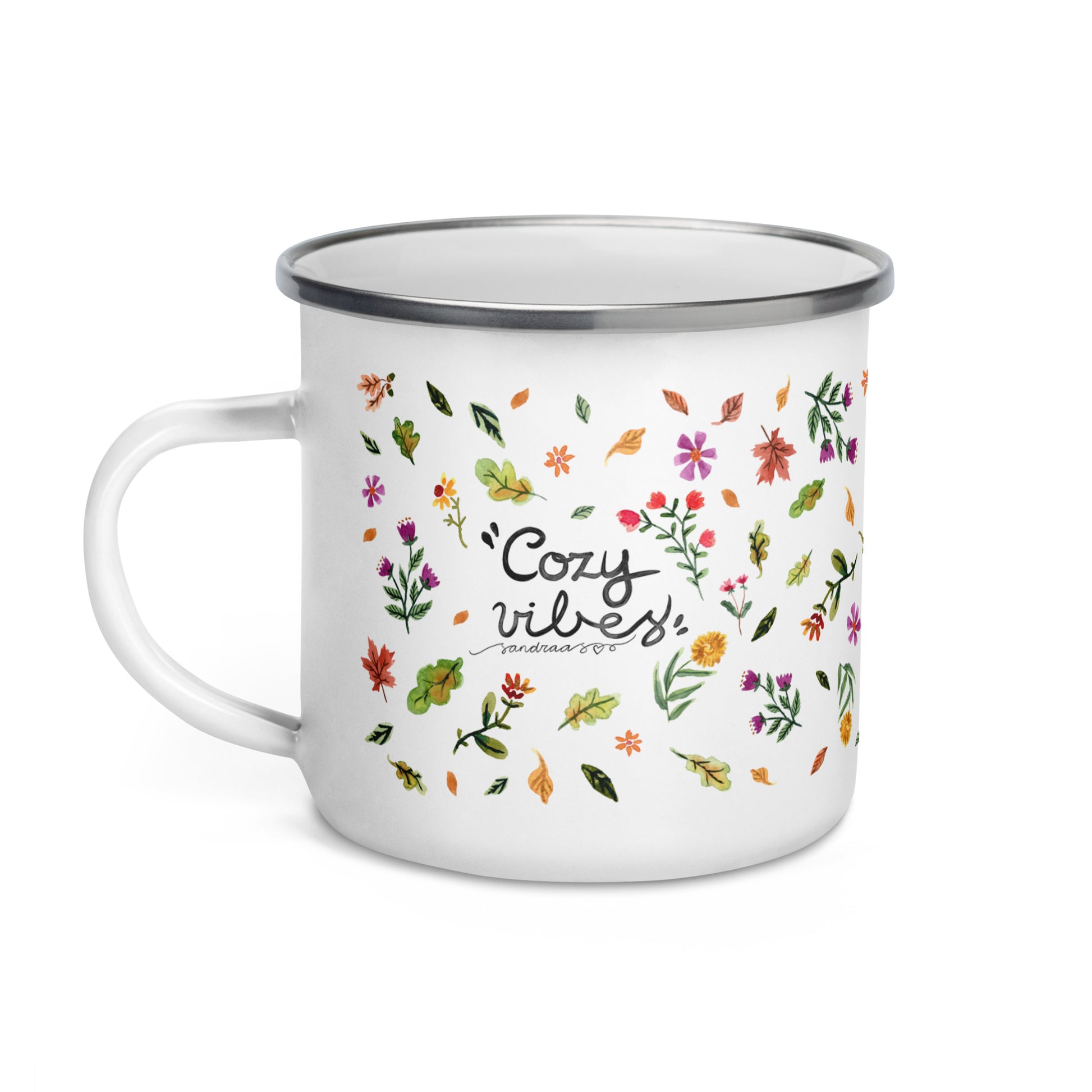 Cozy Vibes Enamel Mug • Hand Lettered Autumn Leaves & Wildflowers Camper Cup • Rustic Fall Drinkware - SANDRAAS