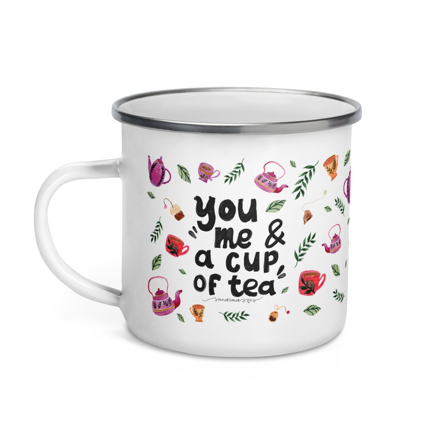 You, Me and a Cup of Tea Enamel Mug • Hand Lettered Autumn Teapot & Leaves Camper Cup • Cozy Rustic Drinkware - SANDRAAS