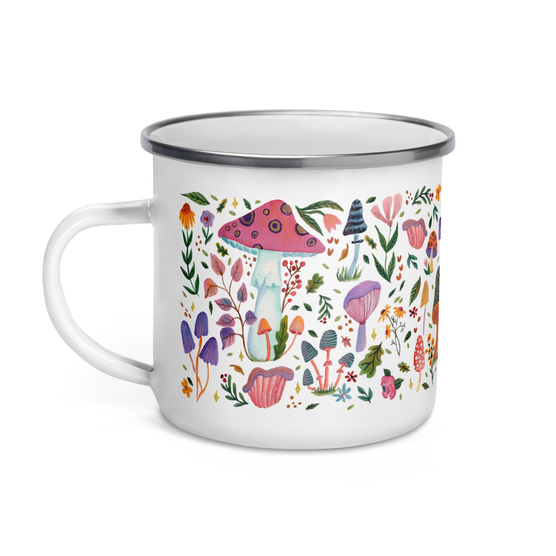 Whimsical Mushroom Enamel Mug • Watercolor Woodland Mushrooms & Flowers Camper Cup • Cozy Nature Drinkware - SANDRAAS