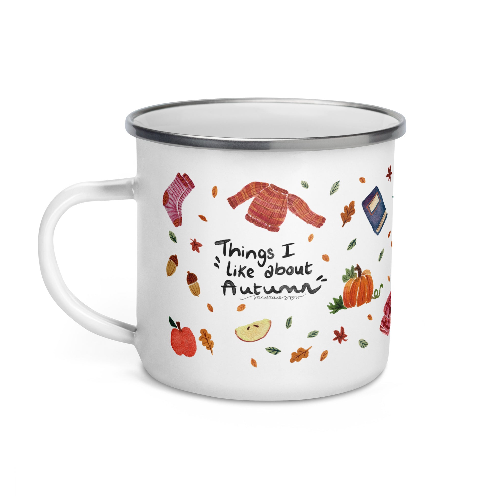 Things I Like About Autumn Enamel Mug • Watercolor Cozy Sweater, Socks & Fall Tree Camper Cup • Rustic Seasonal Drinkware - SANDRAAS