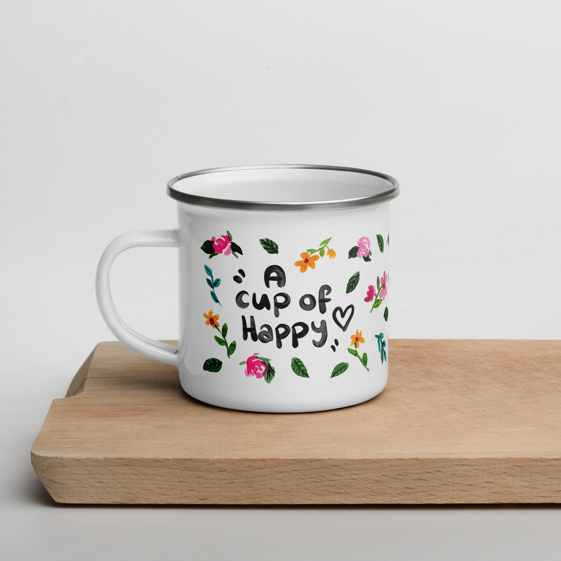 Enamel Mug "A Cup of Happy" •  Watercolor Flowers • Lightweight & Durable for Camping or Cozy Moments - SANDRAAS